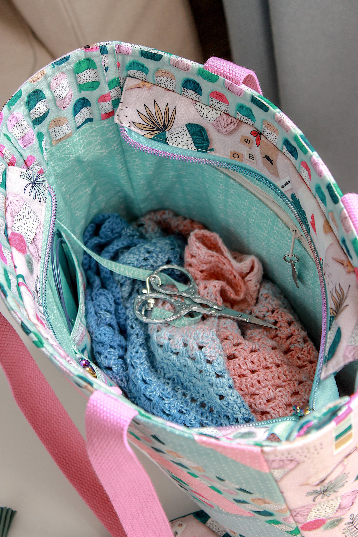 Handmade Patchwork Knitting & Crochet Project Bag – Yarn & Cat Design