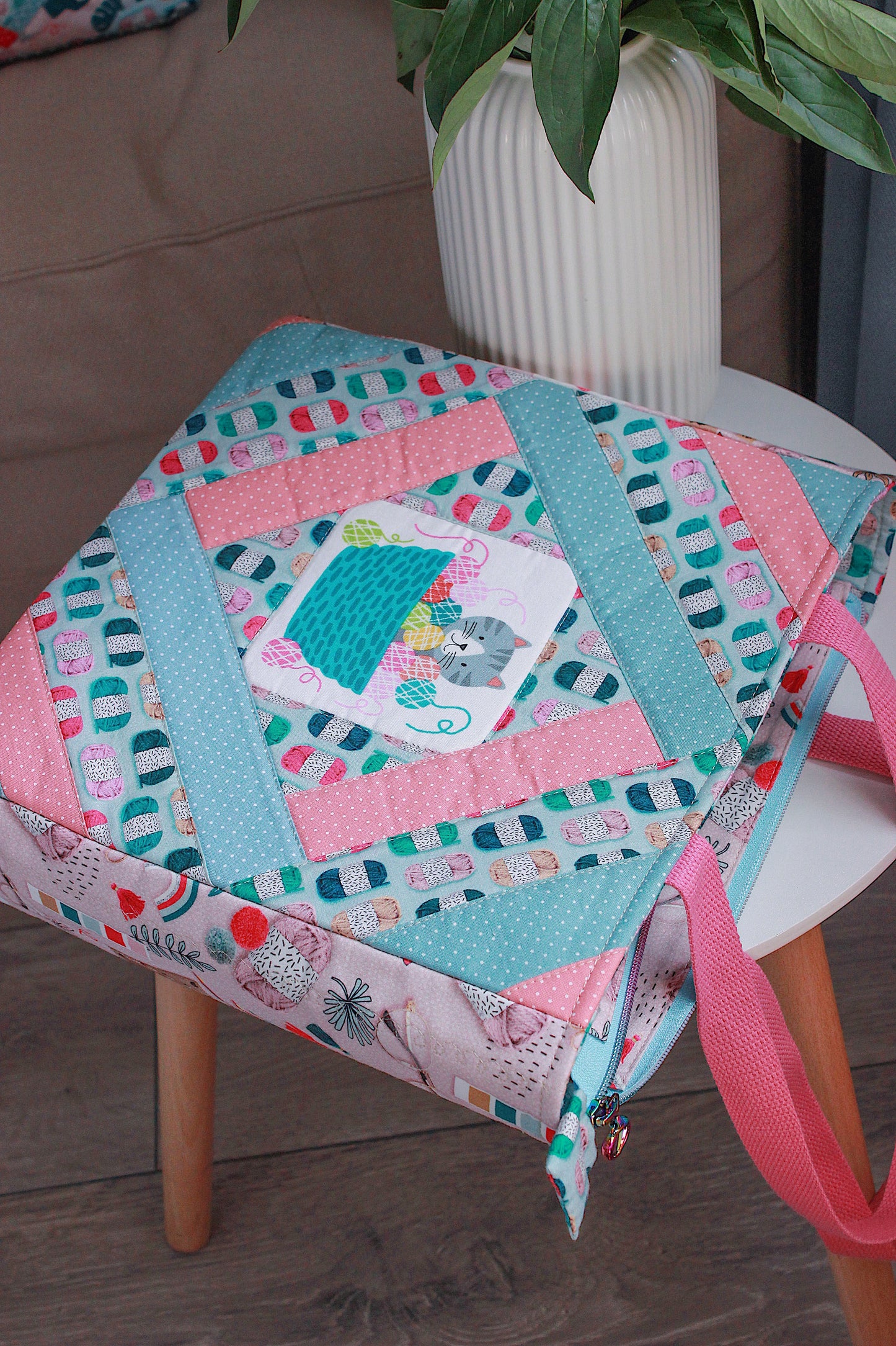 Handmade Patchwork Knitting & Crochet Project Bag – Yarn & Cat Design
