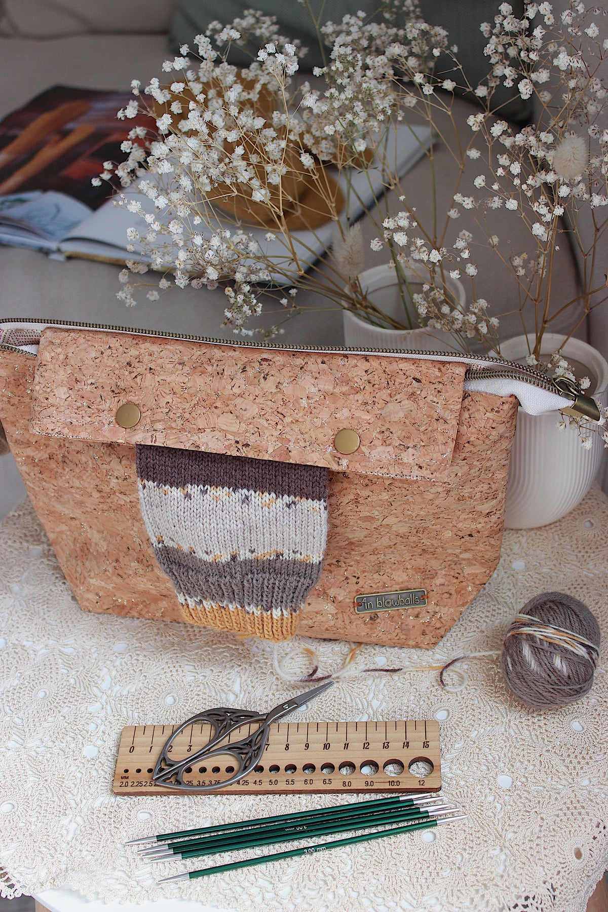 Cork Fabric Knitting Project Bag with Built-in Needle Holder