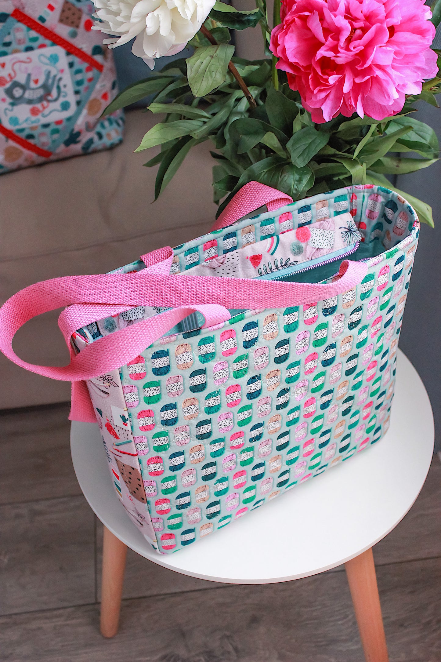 Handmade Patchwork Knitting & Crochet Project Bag – Yarn & Cat Design