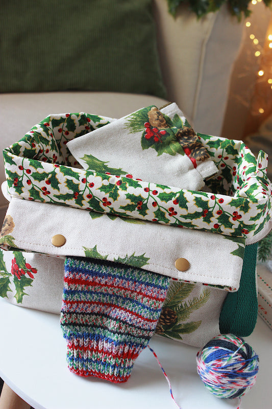 Christmas Knitting Project Bag with Built-in 20cm 8” Needle Holder | Printed Digital Canvas Fabric | Glitter Cotton Lining