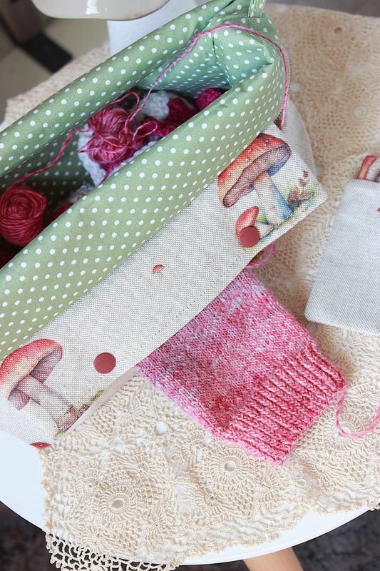 Knitting Project Bag with Built-in 20cm 8” DPN Holder & Matching Squeeze Purse | Mushrooms Printed Digital Canvas Fabric