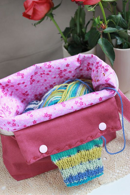 Magenta Canvas Knitting Project Bag with Built-in DPN Holder