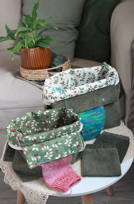 Olive Green Corduroy Knitting Project Bag with Built-in Needle Holder & Matching Squeeze Purse