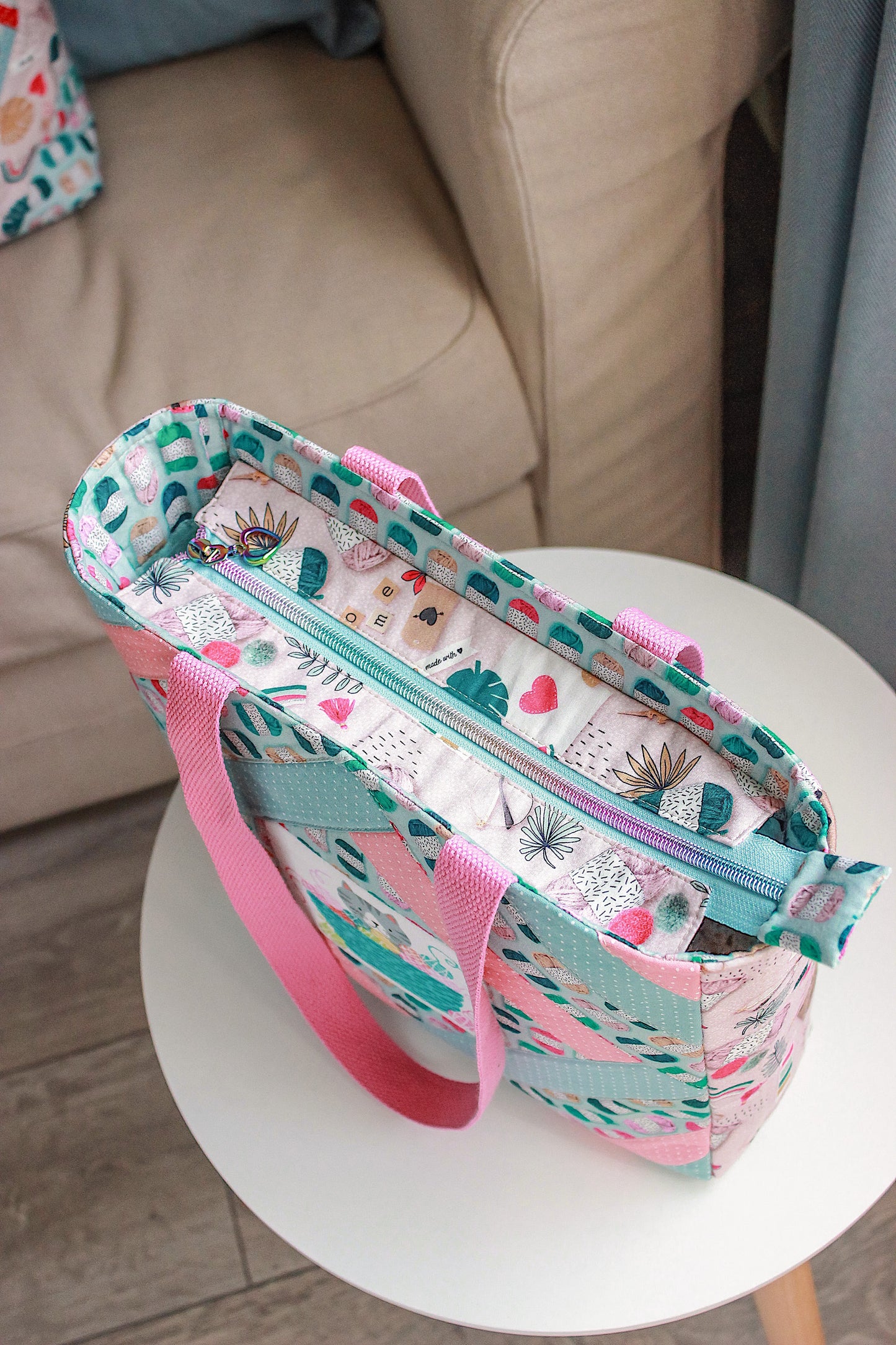 Handmade Patchwork Knitting & Crochet Project Bag – Yarn & Cat Design