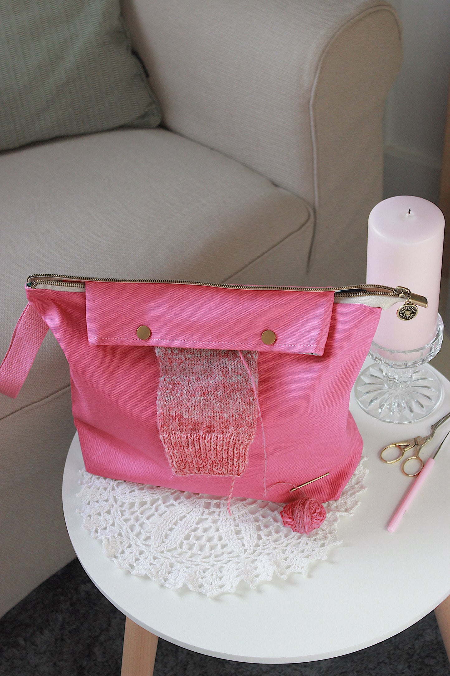 Petunia Panama Canvas Knitting Project Bag with Built-in DPN Holder