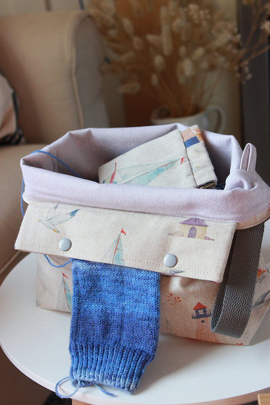 Knitting Project Bag with Built-in 20cm 8” DPN Holder & Matching Squeeze Purse | Coastal Romance Printed Digital Canvas Fabric