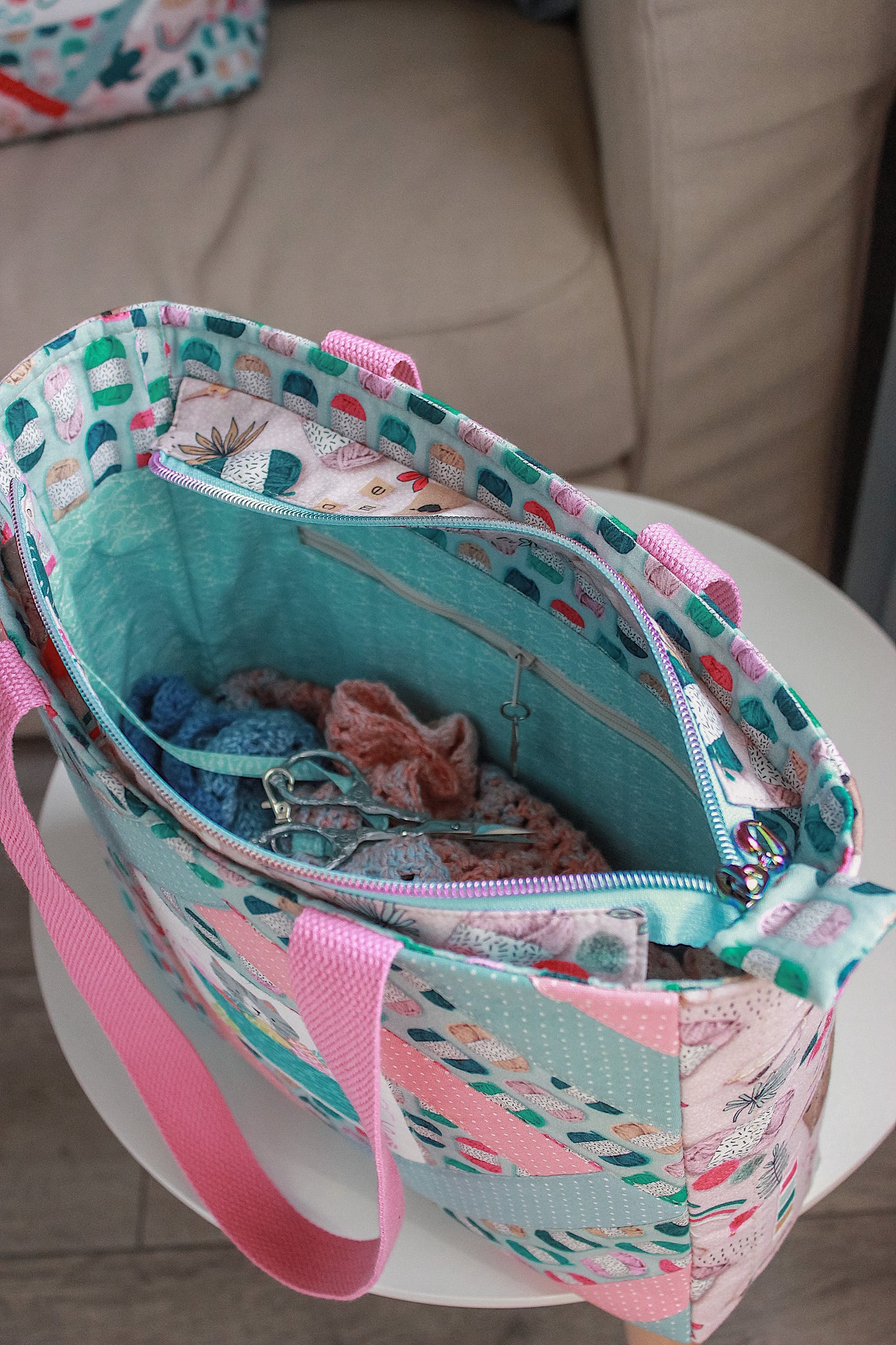 Handmade Patchwork Knitting & Crochet Project Bag – Yarn & Cat Design