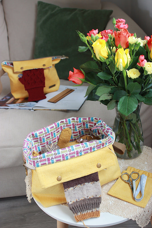 Yellow Corduroy Knitting Project Bag with Built-in Needle Holder & Matching Squeeze Purse |Handmade To Order
