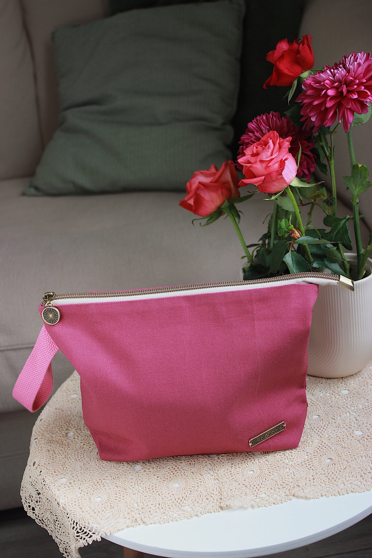 Magenta Canvas Knitting Project Bag with Built-in DPN Holder