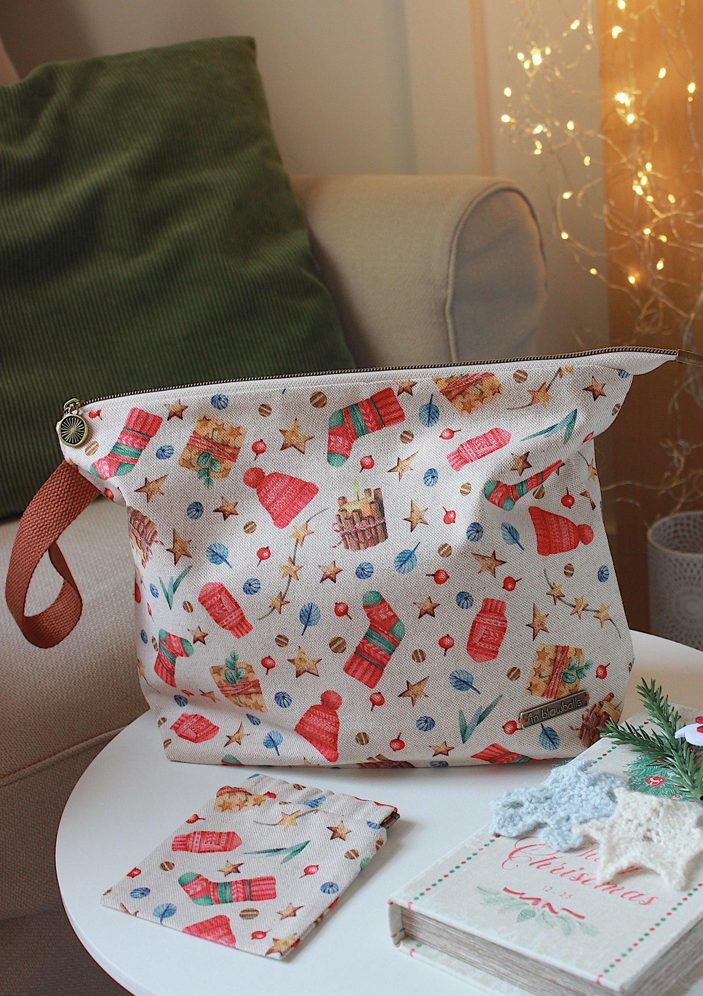 Christmas Knitting Project Bag with Built-in 20cm 8” Needle Holder | Printed Digital Canvas Fabric | Mustard Polka-dot Cotton Lining