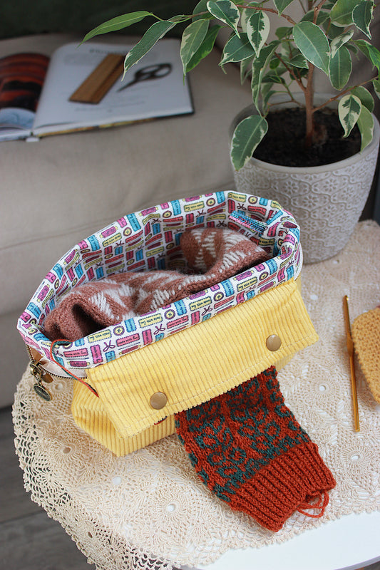 Yellow Corduroy Knitting Project Bag with Built-in Needle Holder & Matching Squeeze Purse |Handmade To Order