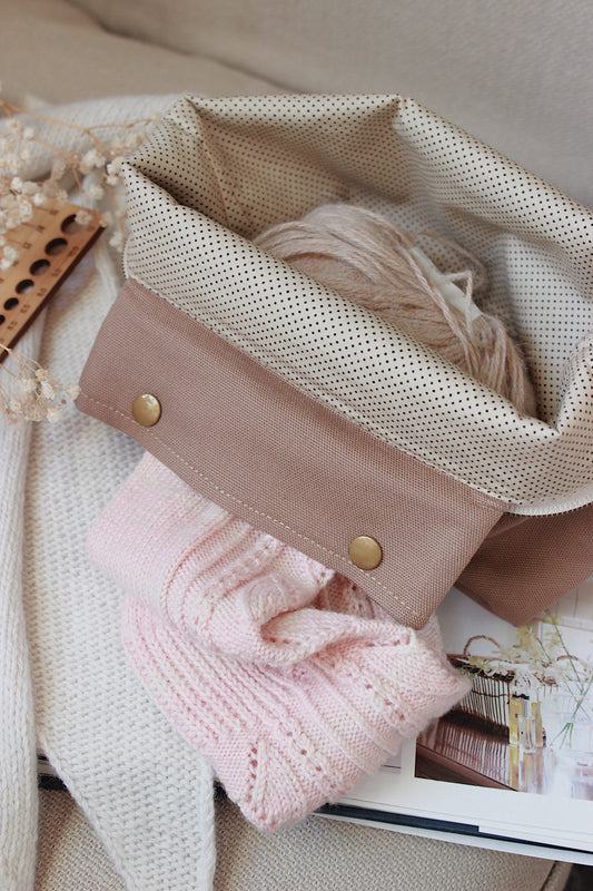 Latte Canvas Knitting Project Bag with Built-in DPN Holder| Polka Dots Lining