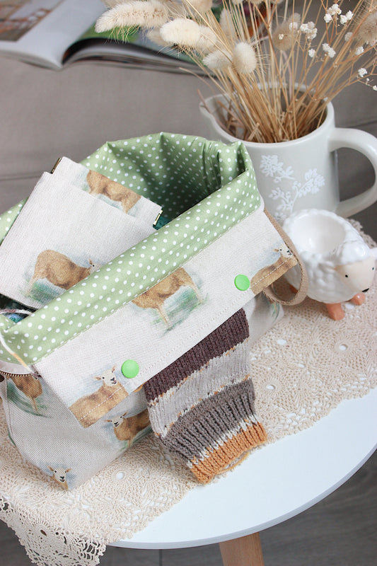 Knitting Project Bag with Built-in 20cm 8” DPN Holder & Matching Squeeze Purse | Sheep Printed Digital Canvas Fabric