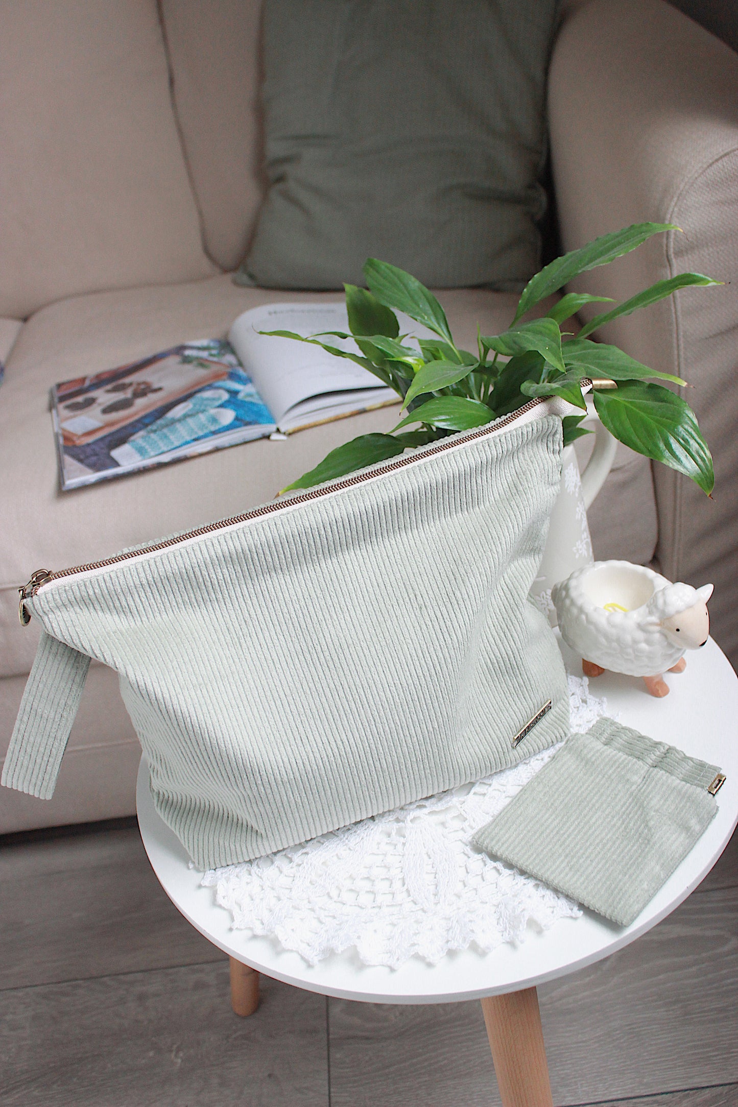 Handmade To Order Sage Green Corduroy Knitting Project Bag with Built-in Needle Holder & Matching Squeeze Purse