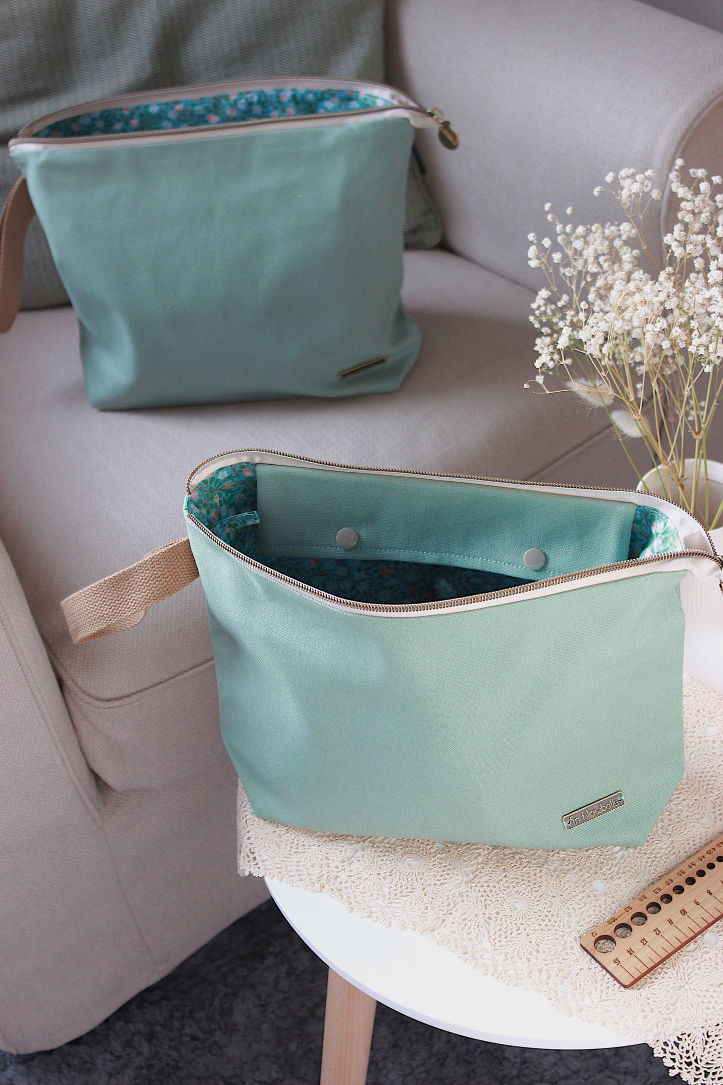 Mint Canvas Knitting Project Bag with Built-in DPN Holder