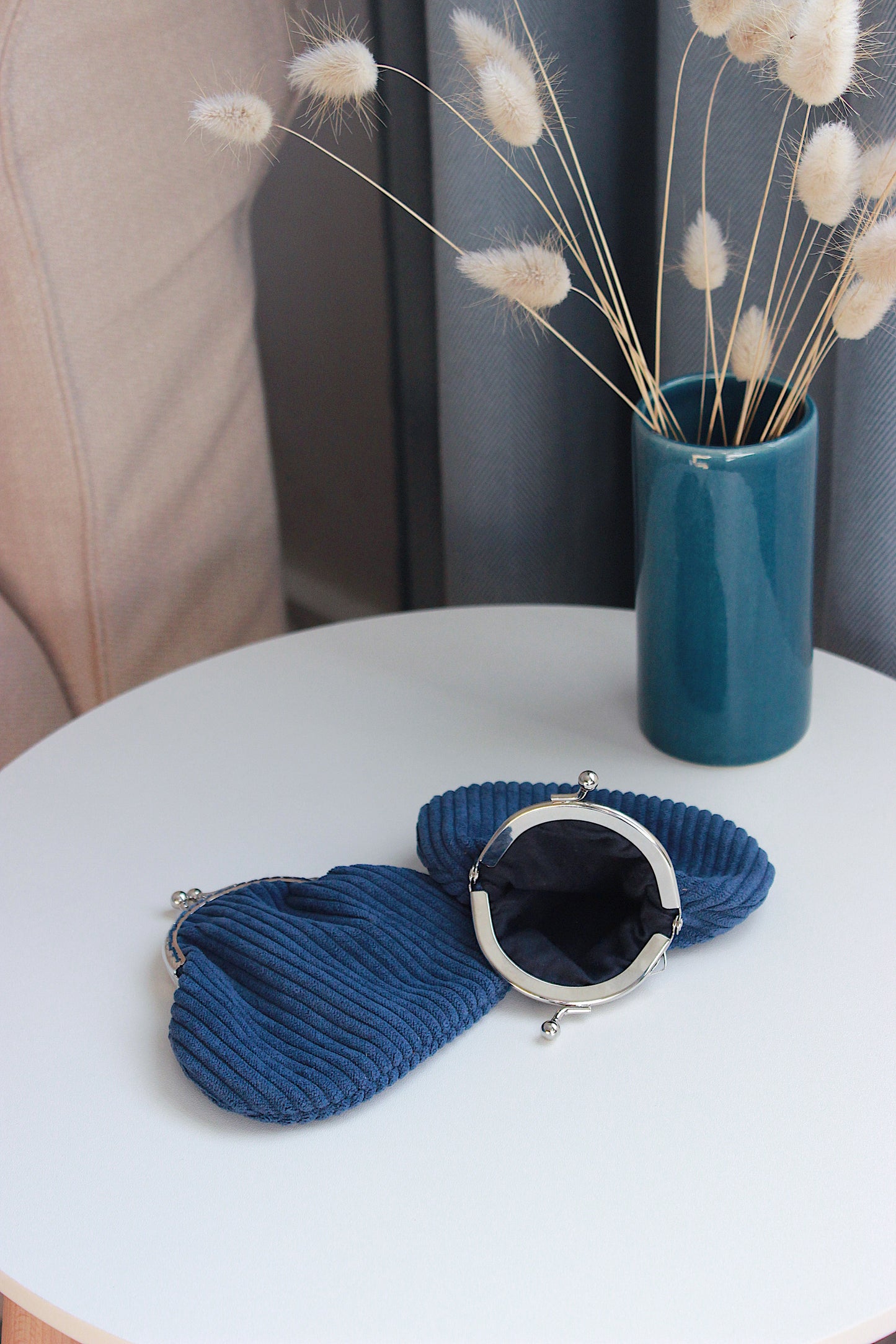 Navy Blue Corduroy Metal Frame Coin Purse