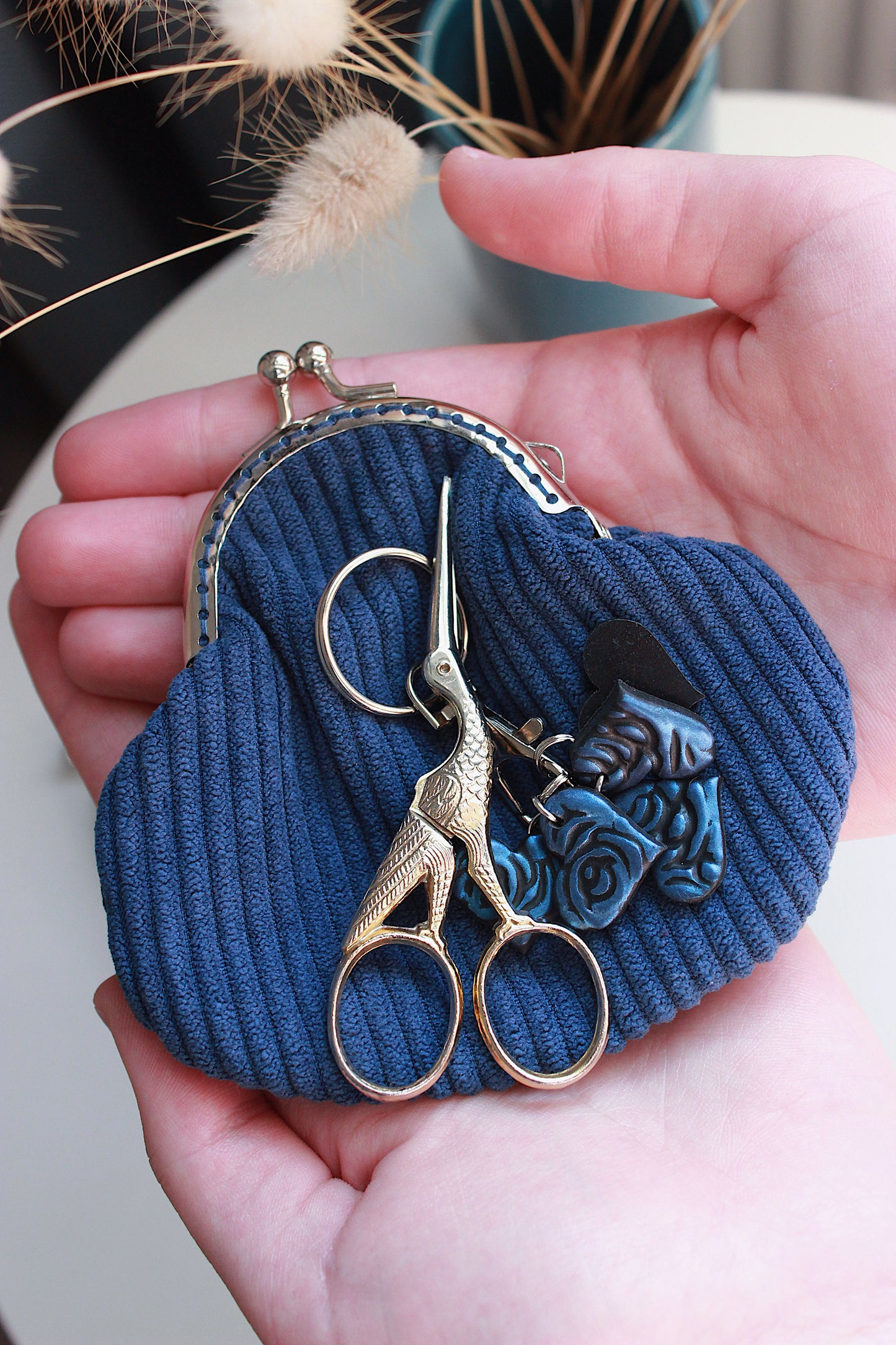 Navy Blue Corduroy Metal Frame Coin Purse