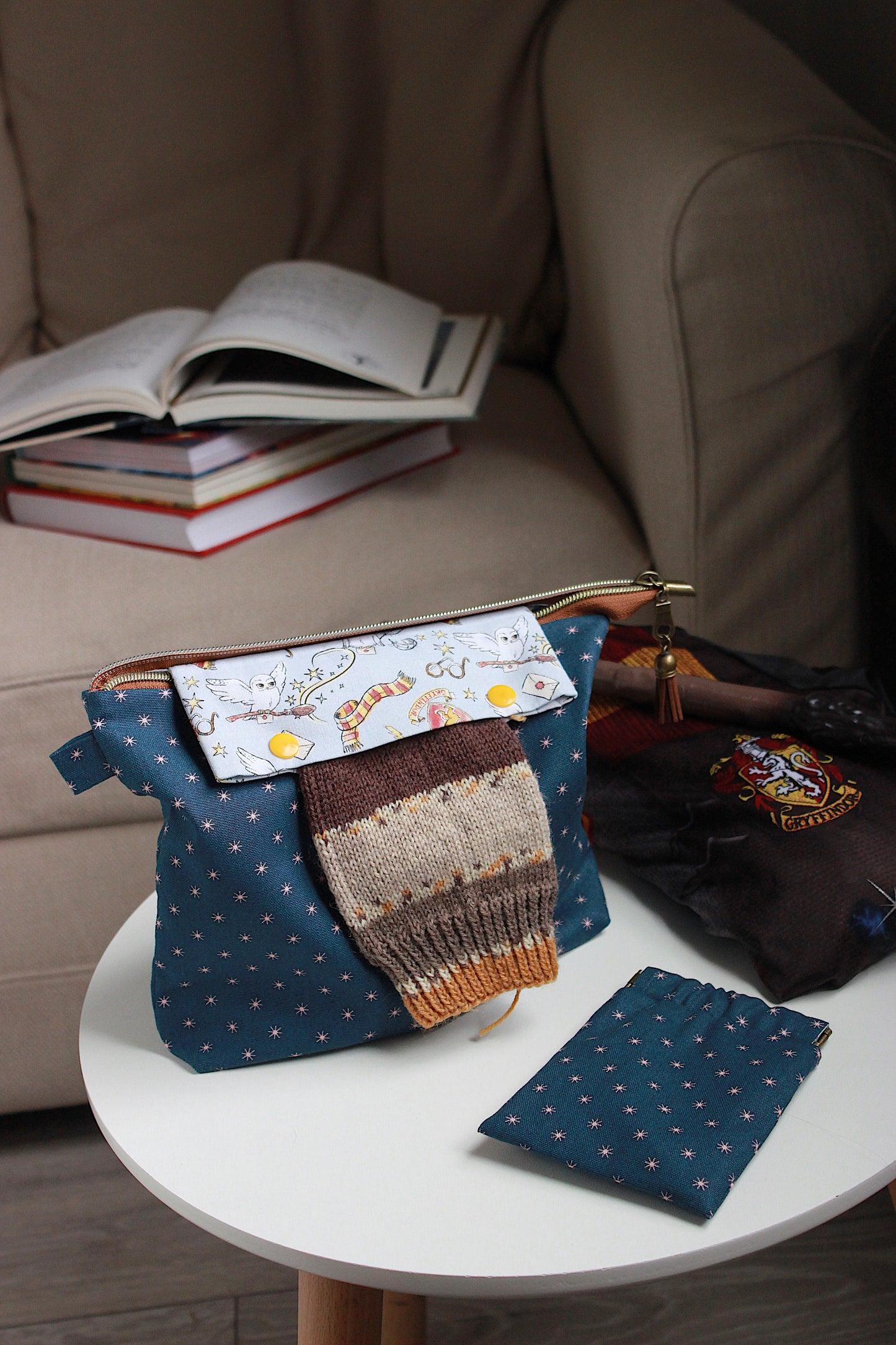 Hermione's Knitting Project Bag with Built-in DPN Holder & Matching Squeeze Purse