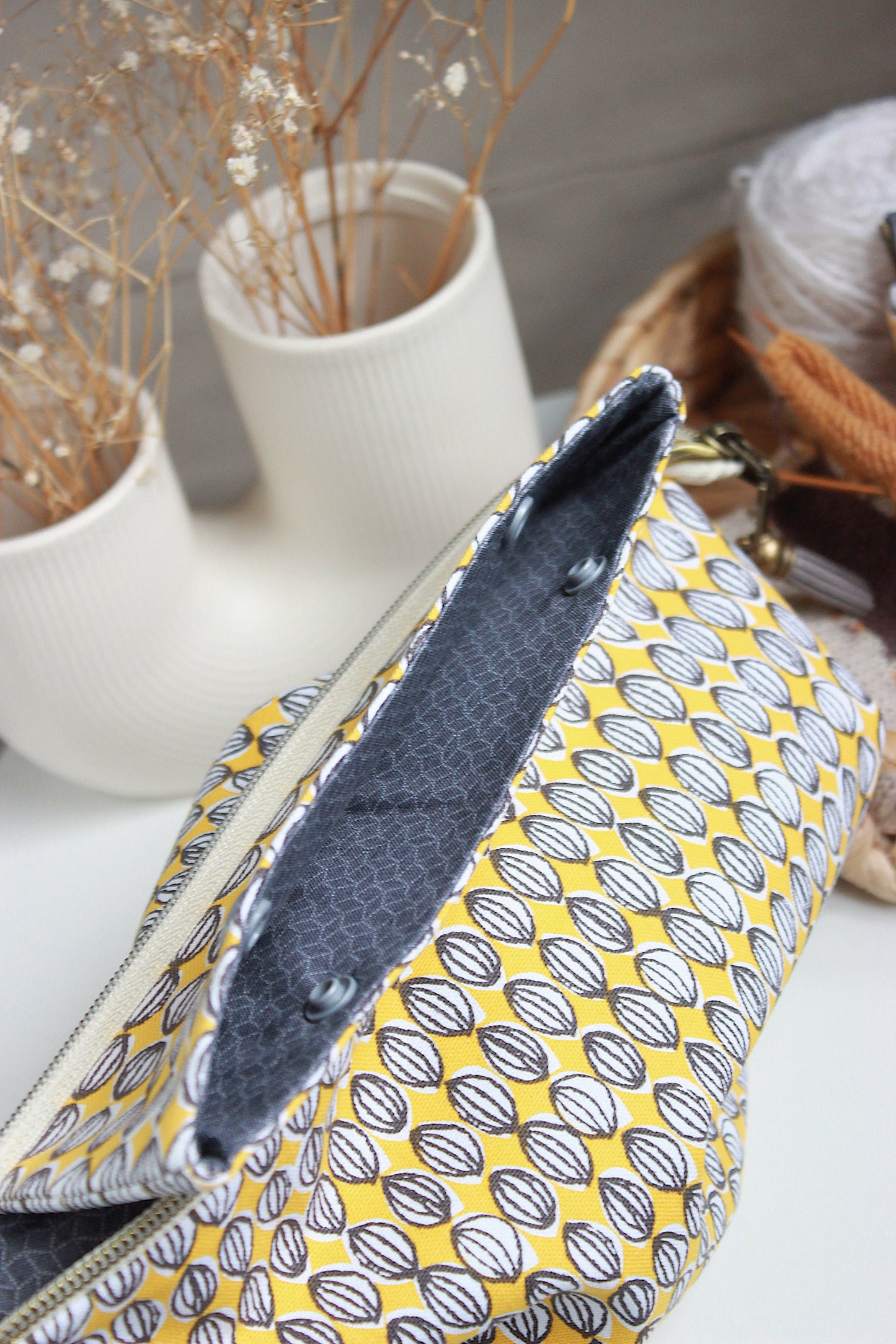 Yellow & Grey Knitting Project Bag with Built-in DPN Holder & Matching Squeeze Purse