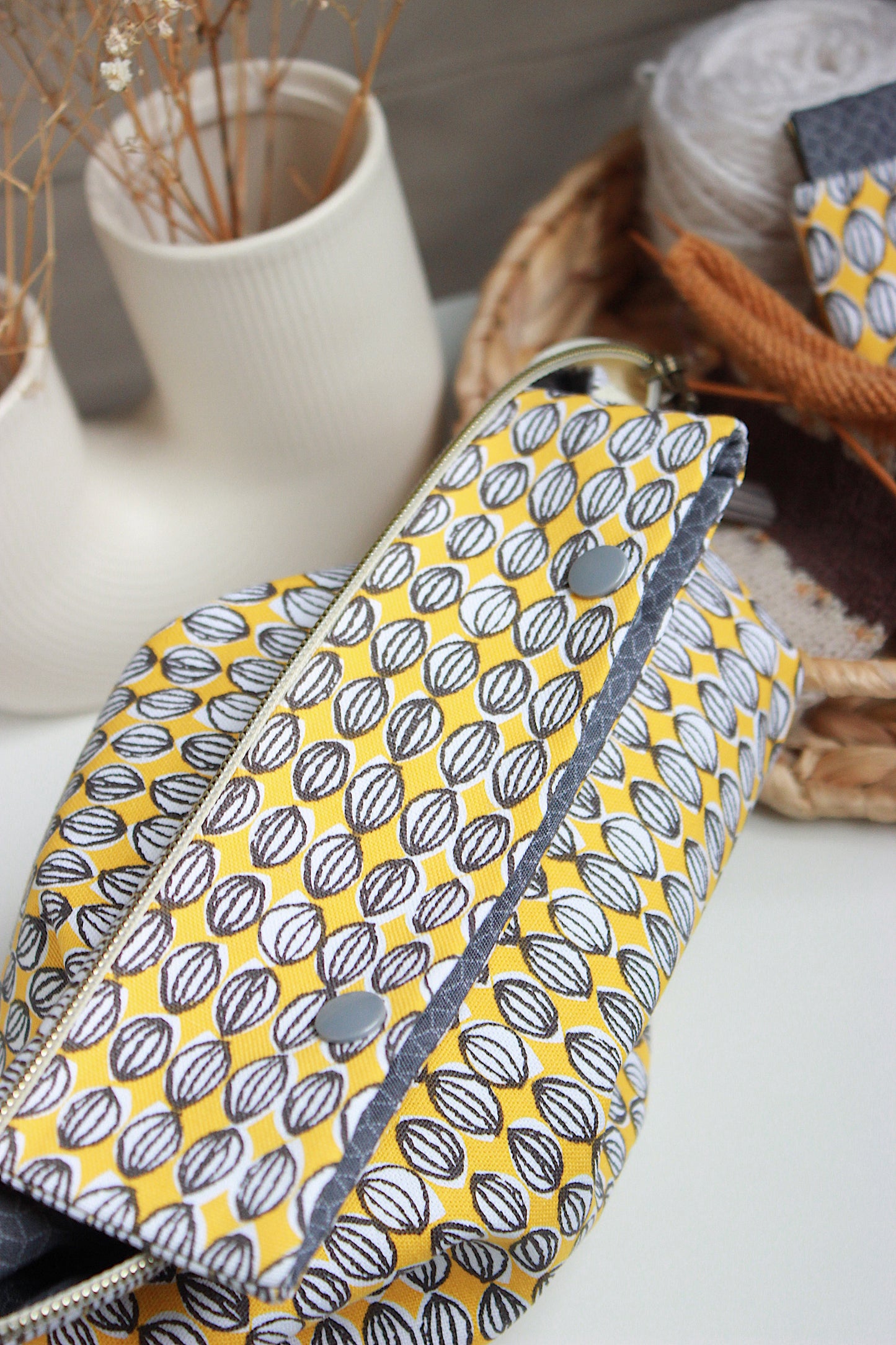 Yellow & Grey Knitting Project Bag with Built-in DPN Holder & Matching Squeeze Purse