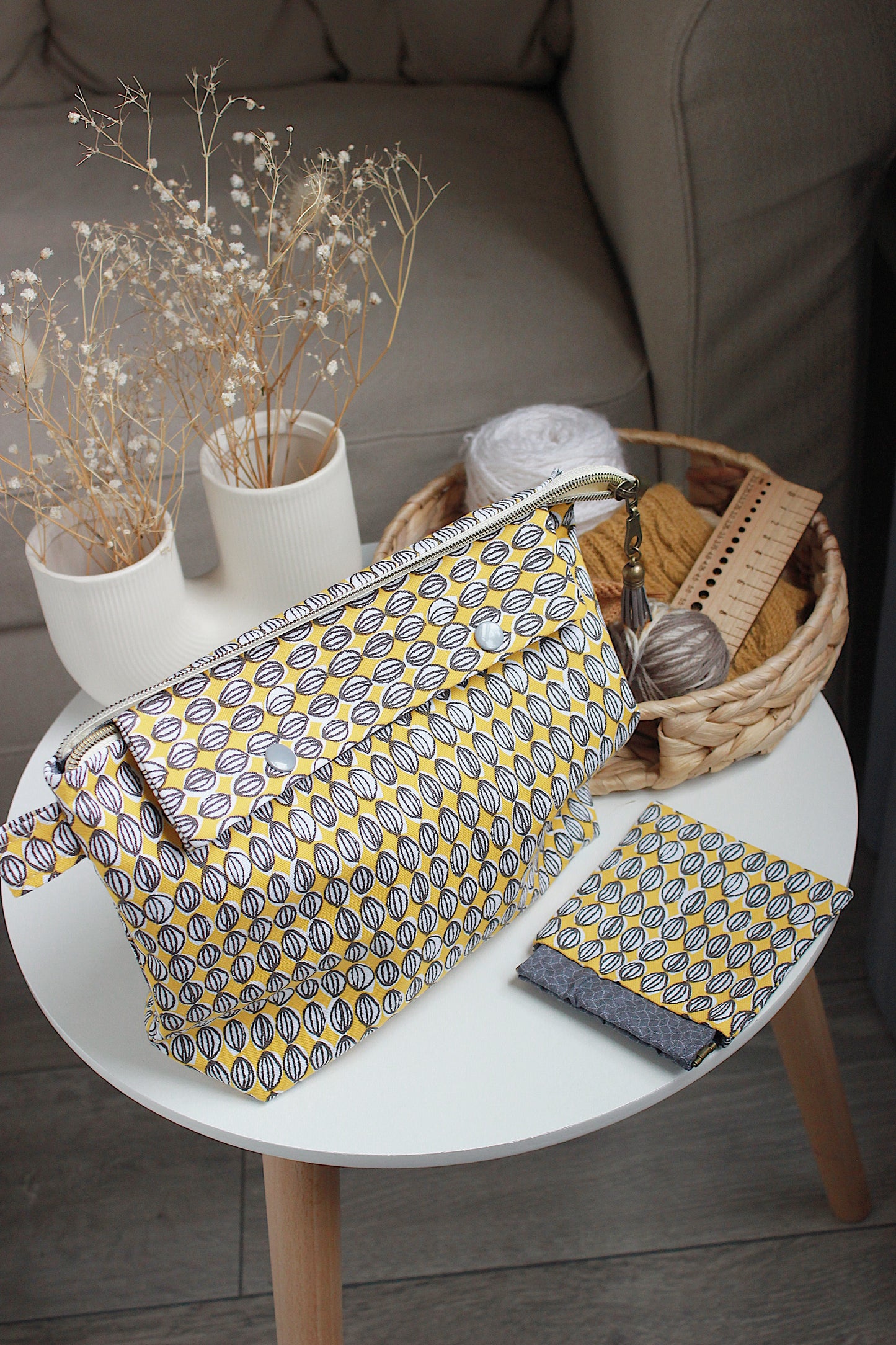 Yellow & Grey Knitting Project Bag with Built-in DPN Holder & Matching Squeeze Purse