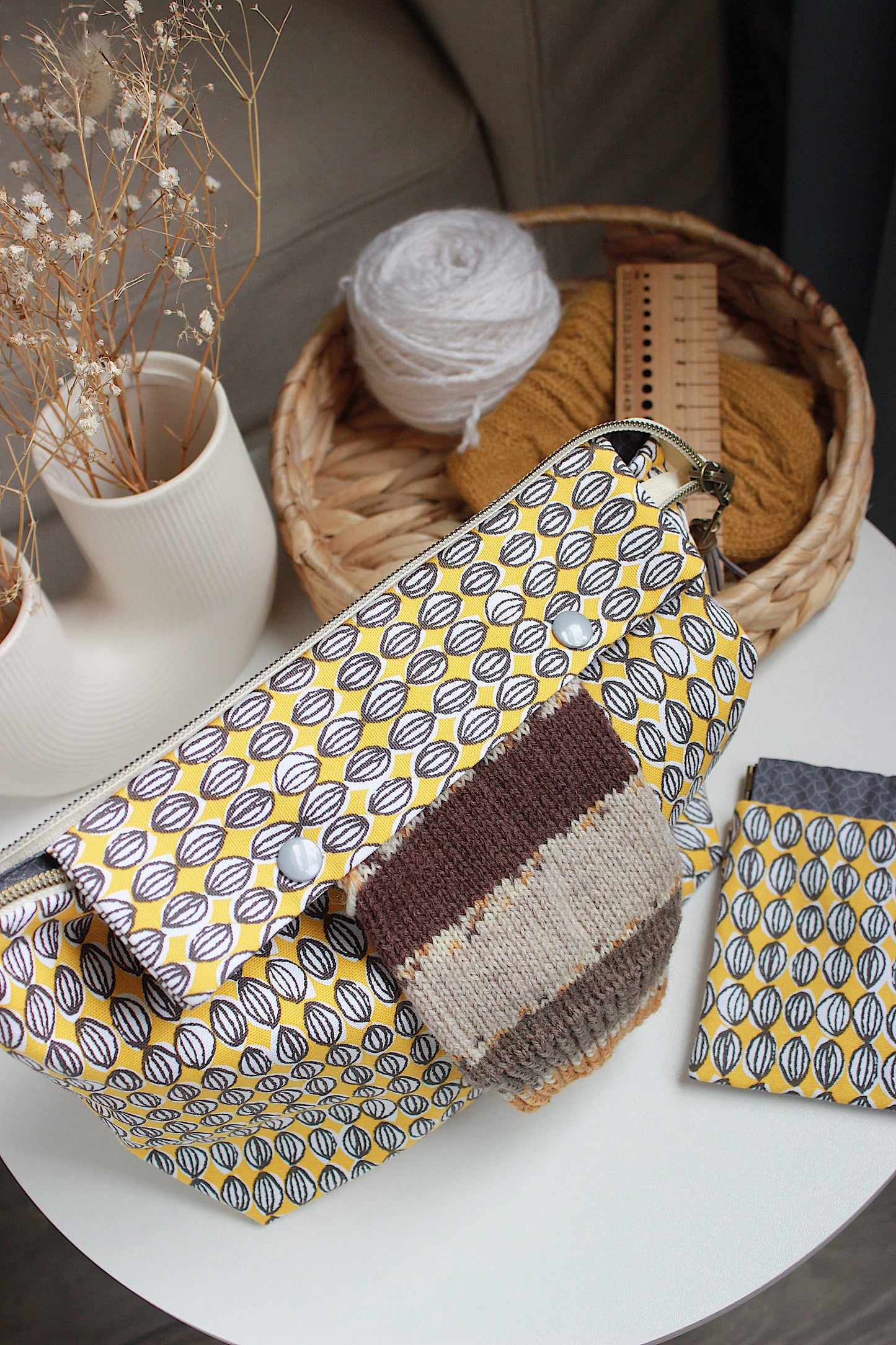 Yellow & Grey Knitting Project Bag with Built-in DPN Holder & Matching Squeeze Purse