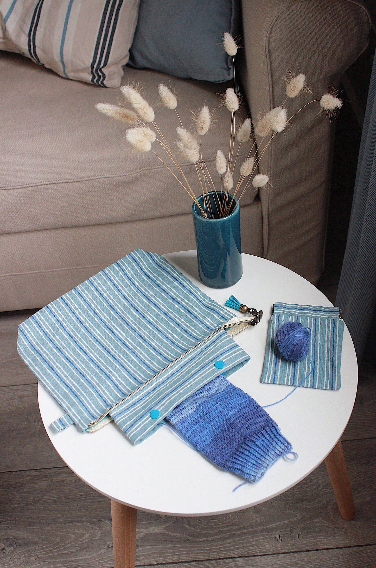Blue Stripes Knitting Project Bag with Built-in DPN Holder & Matching Squeeze Purse