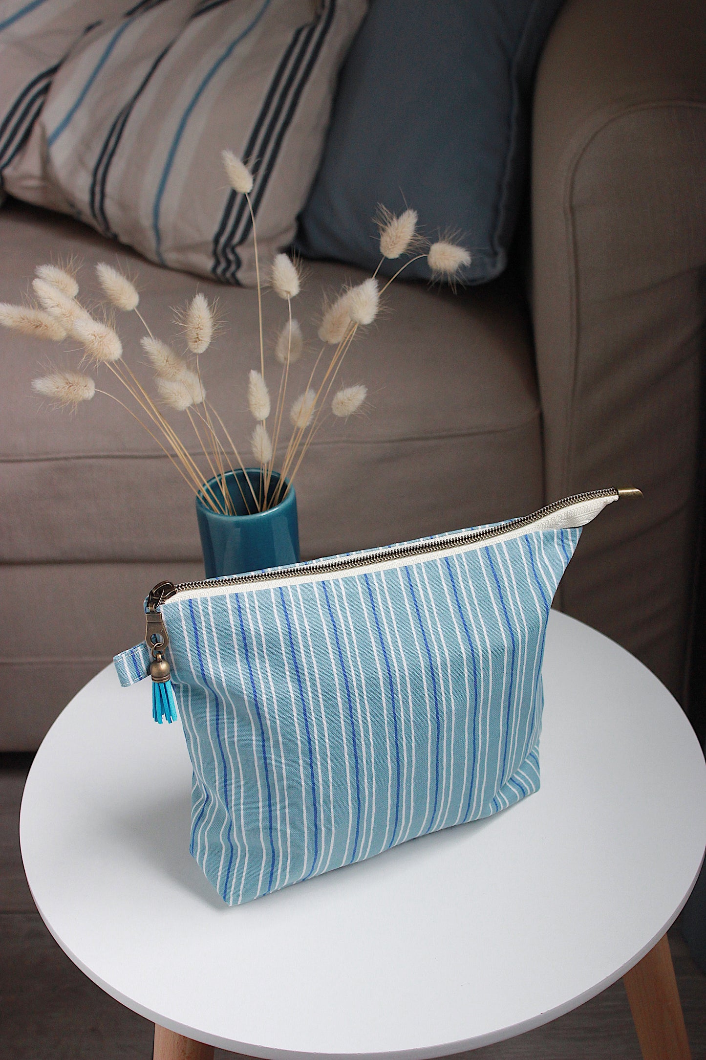 Blue Stripes Knitting Project Bag with Built-in DPN Holder & Matching Squeeze Purse