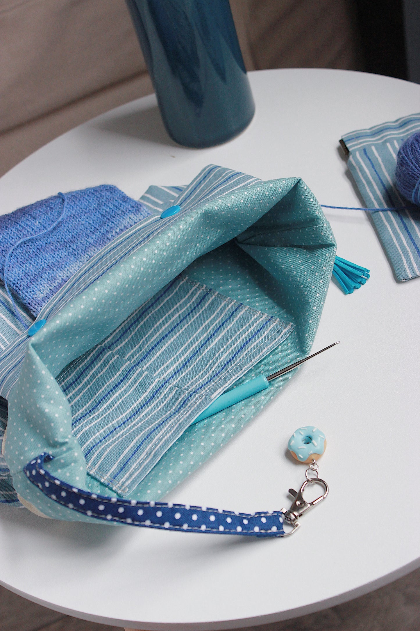 Blue Stripes Knitting Project Bag with Built-in DPN Holder & Matching Squeeze Purse