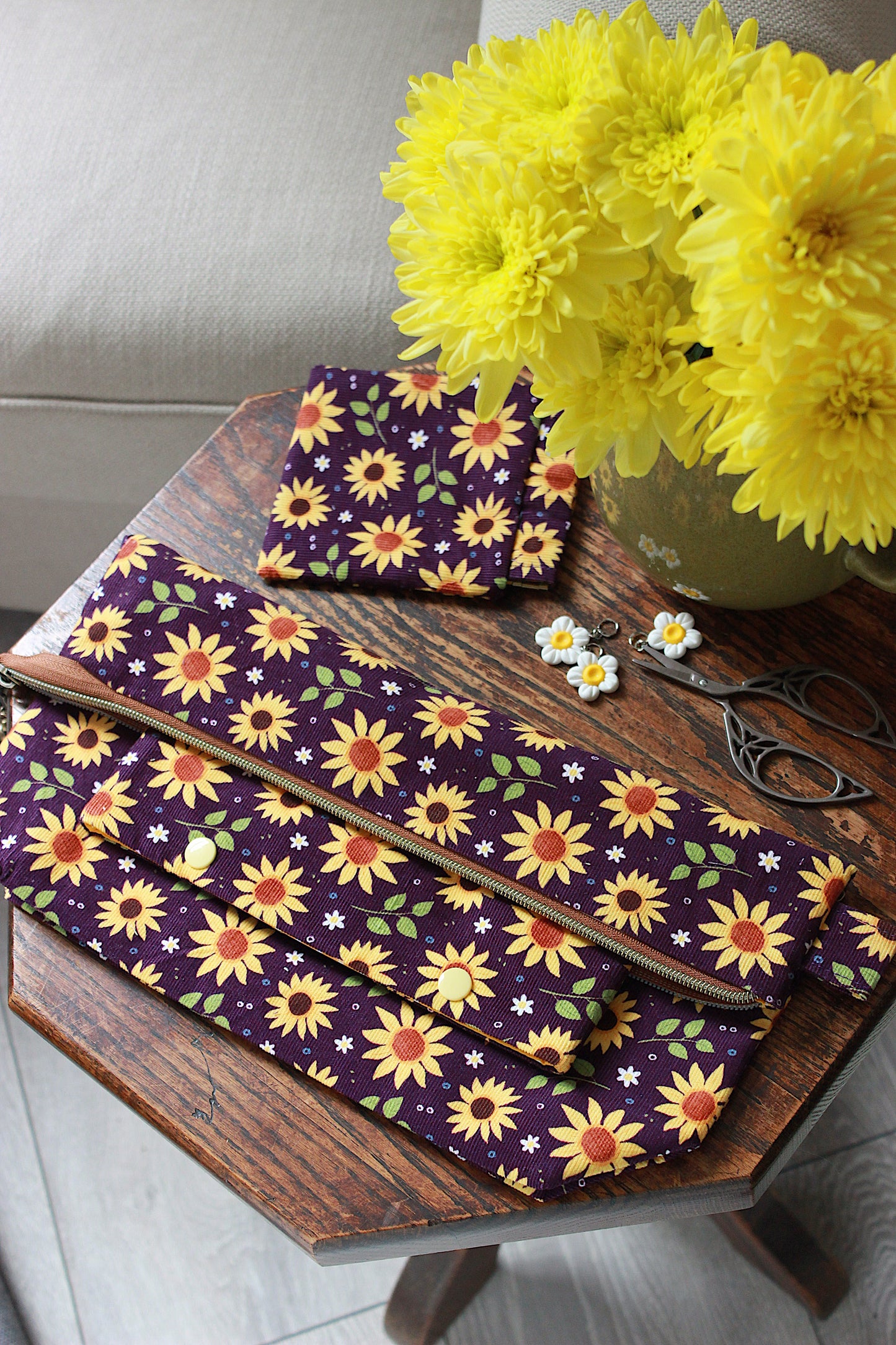 Yellow Flowers Knitting Project Bag with Built-in DPN Holder & Matching Squeeze Purse