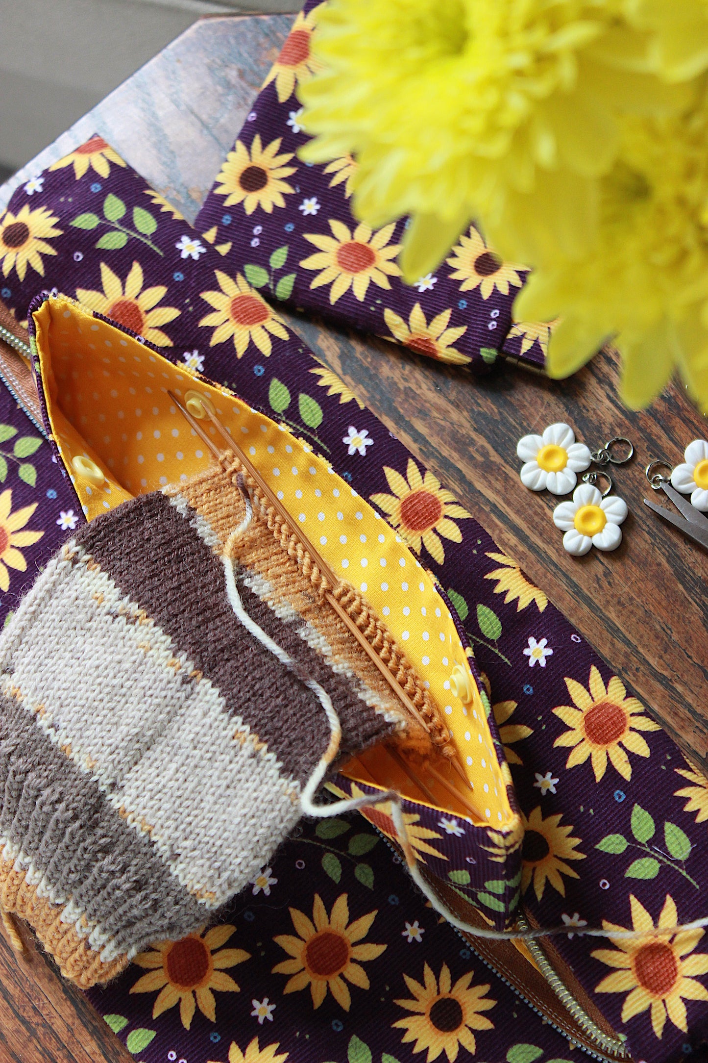 Yellow Flowers Knitting Project Bag with Built-in DPN Holder & Matching Squeeze Purse