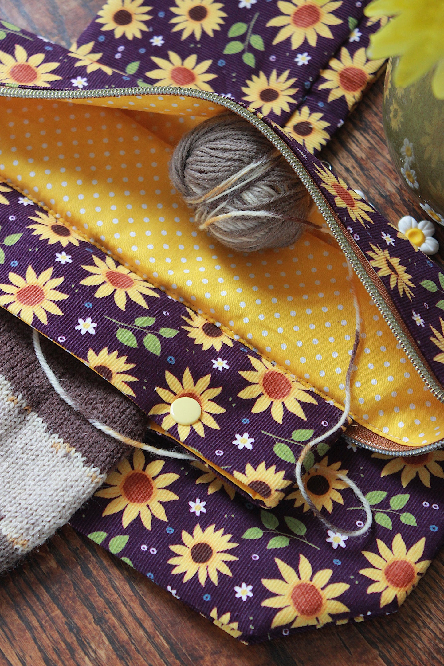 Yellow Flowers Knitting Project Bag with Built-in DPN Holder & Matching Squeeze Purse