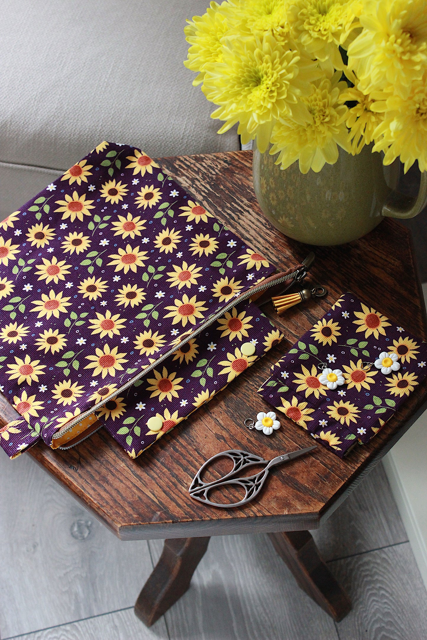 Yellow Flowers Knitting Project Bag with Built-in DPN Holder & Matching Squeeze Purse
