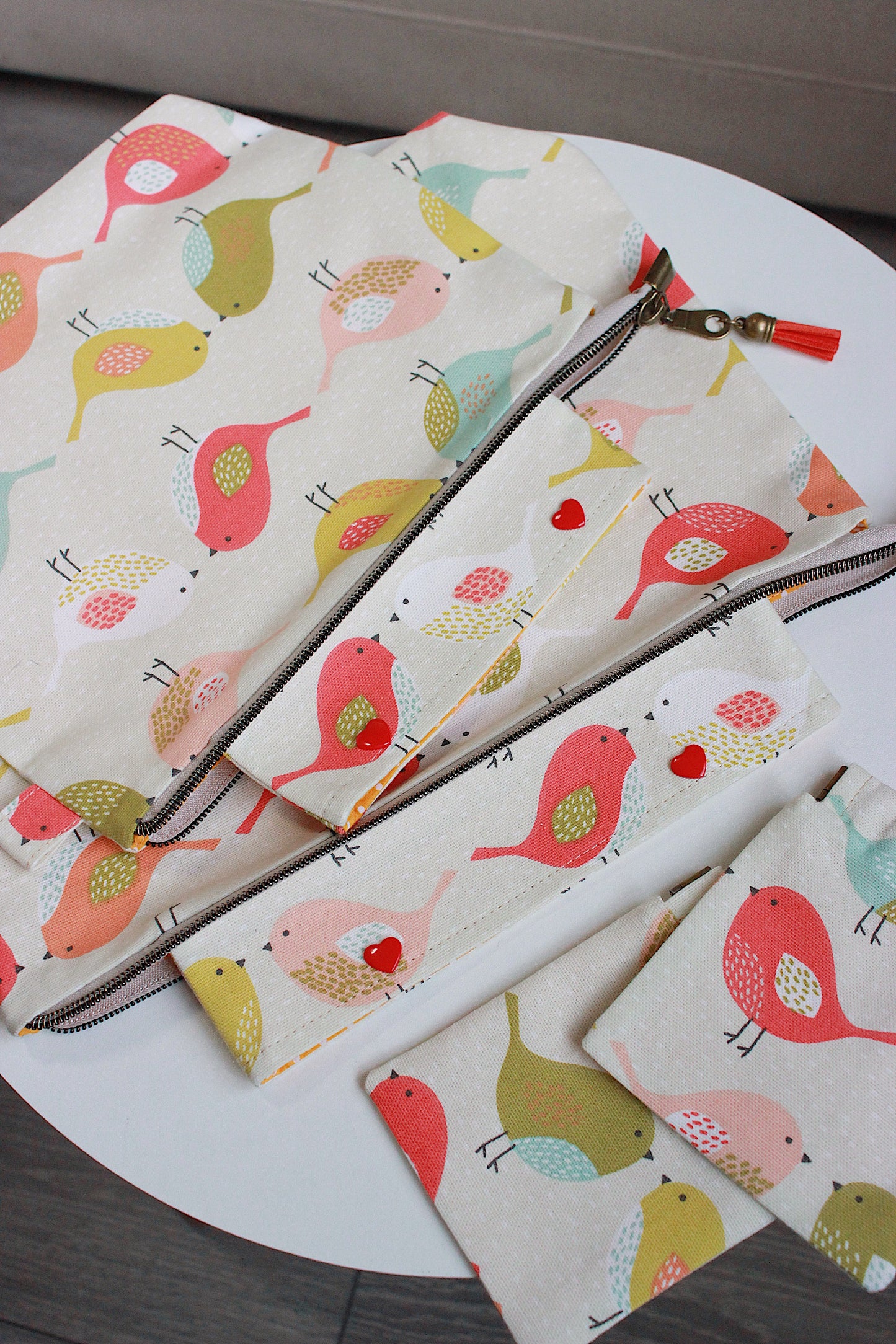 Lovely Birds Knitting Project Bag with Built-in DPN Holder & Matching Squeeze Purse