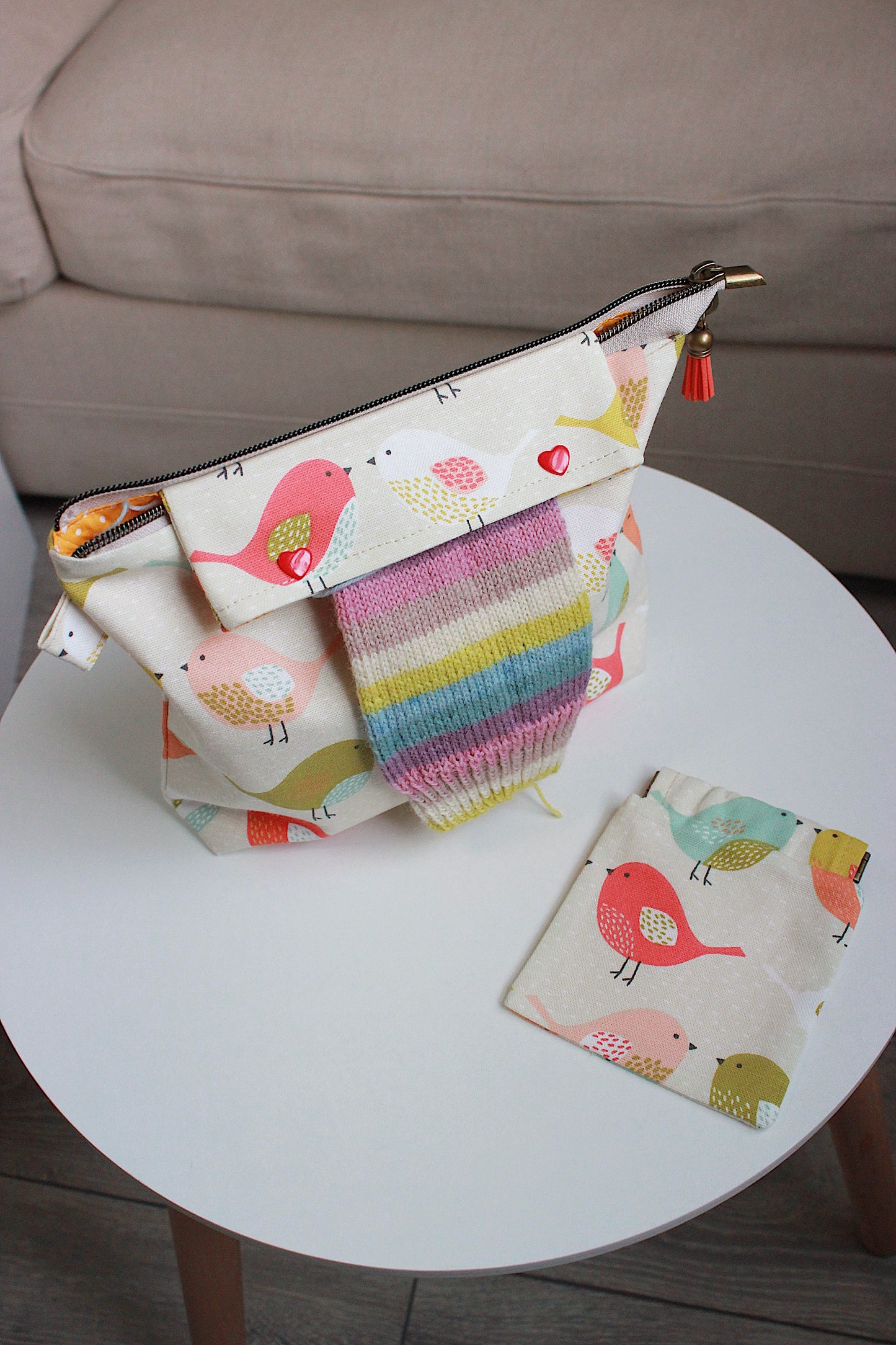 Lovely Birds Knitting Project Bag with Built-in DPN Holder & Matching Squeeze Purse