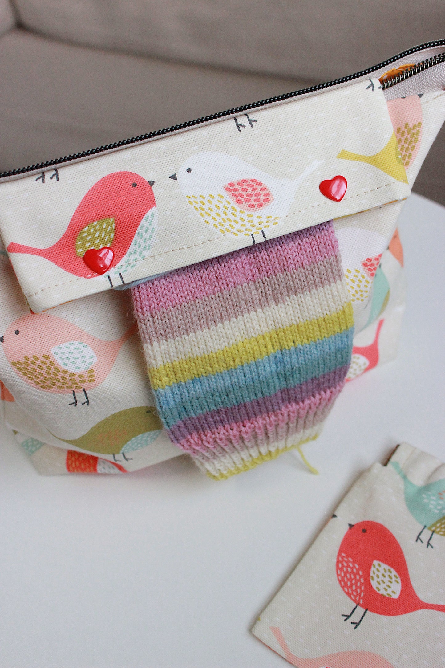 Lovely Birds Knitting Project Bag with Built-in DPN Holder & Matching Squeeze Purse