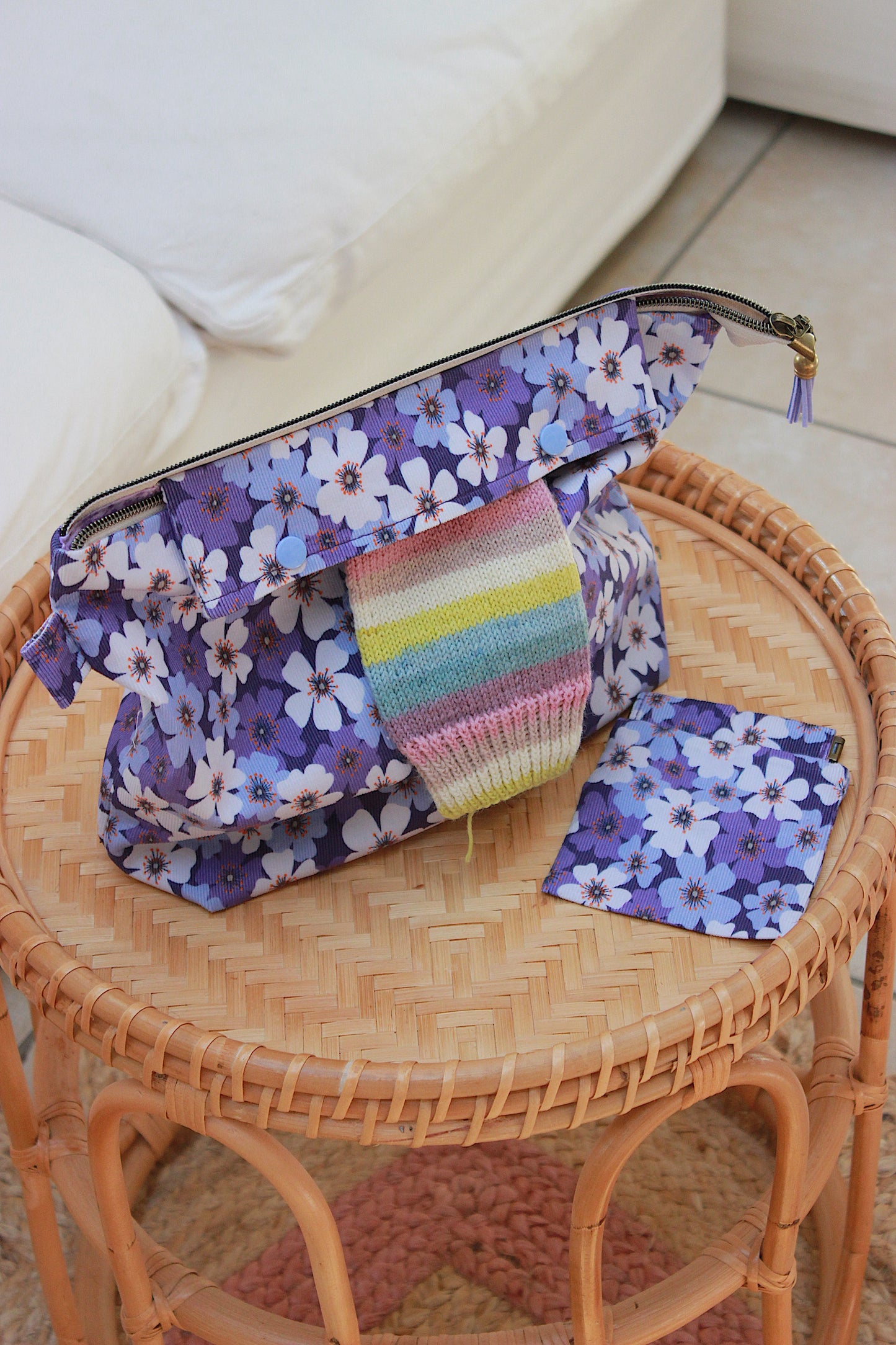 Purple Floral Needlecord Knitting Project Bag with Built-in DPN Holder & Matching Squeeze Purse