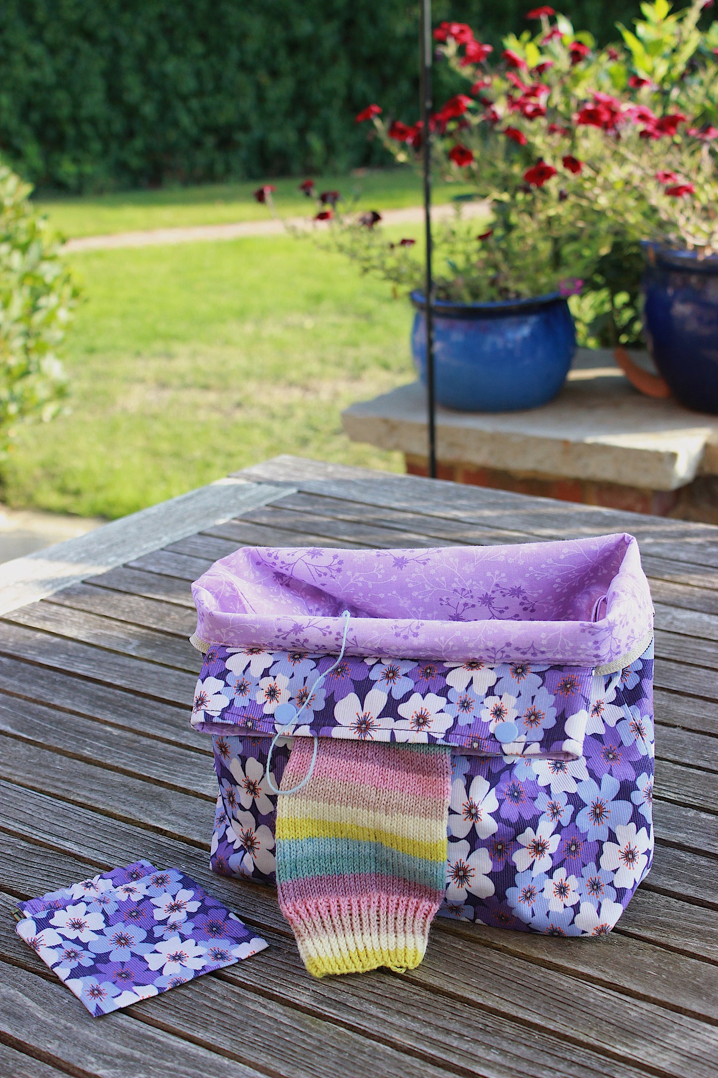 Purple Floral Needlecord Knitting Project Bag with Built-in DPN Holder & Matching Squeeze Purse