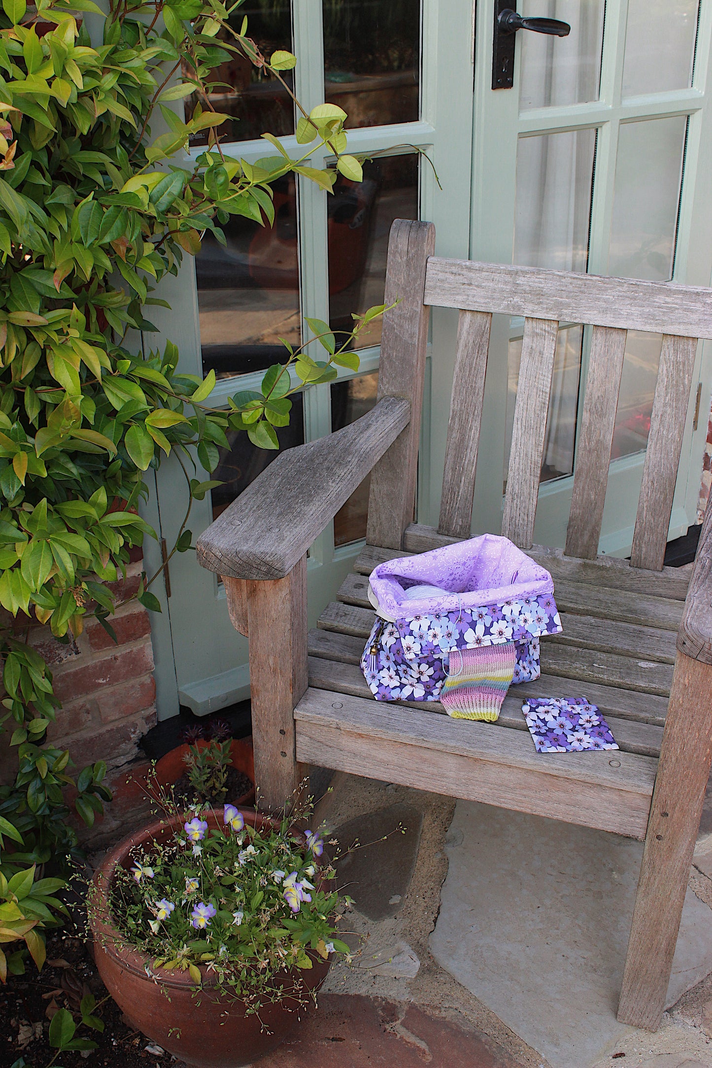 Purple Floral Needlecord Knitting Project Bag with Built-in DPN Holder & Matching Squeeze Purse