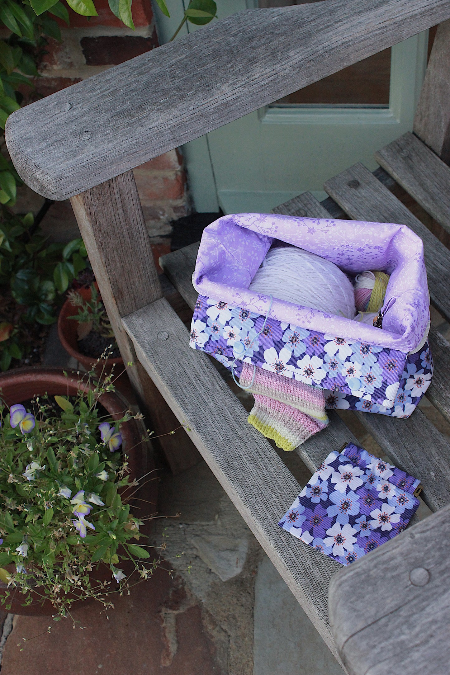 Purple Floral Needlecord Knitting Project Bag with Built-in DPN Holder & Matching Squeeze Purse