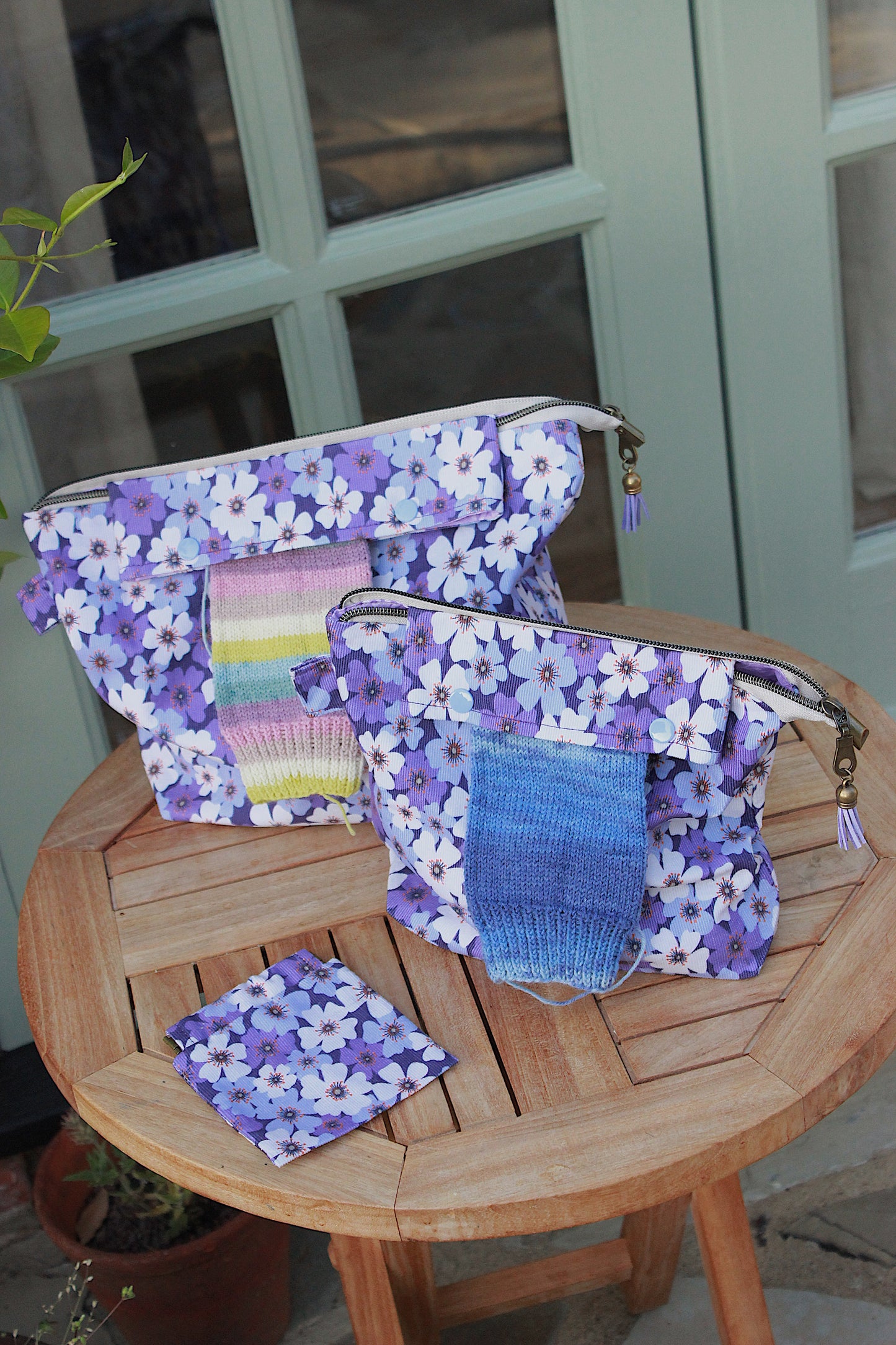 Purple Floral Needlecord Knitting Project Bag with Built-in DPN Holder & Matching Squeeze Purse