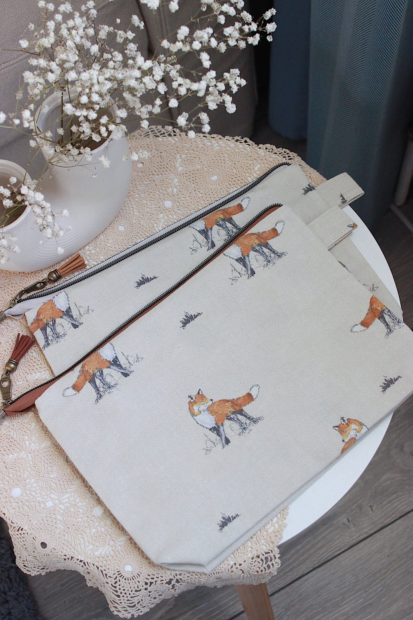 Autumn Fox Design Knitting Project Bag with Built-in DPN Holder