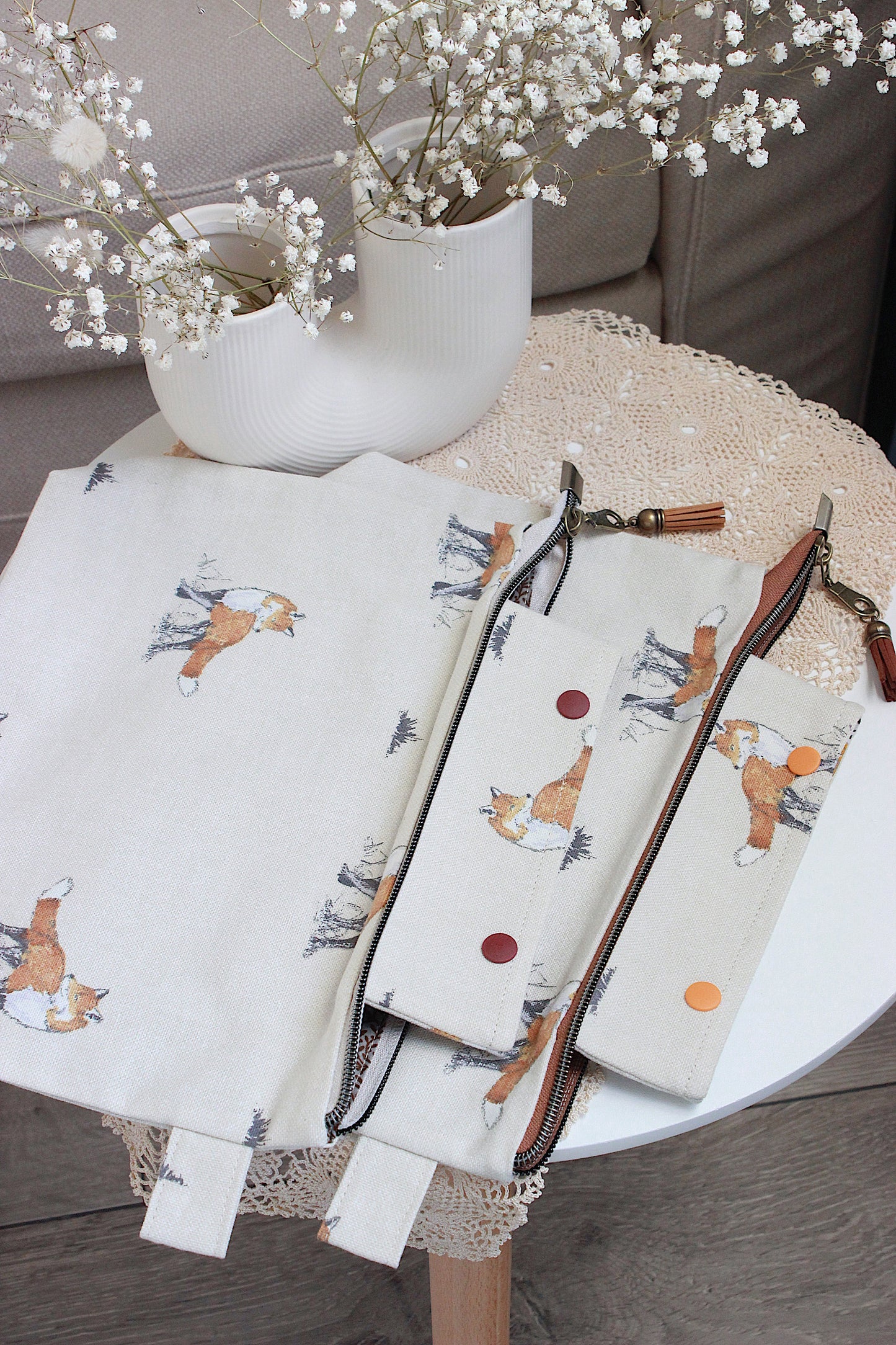 Autumn Fox Design Knitting Project Bag with Built-in DPN Holder