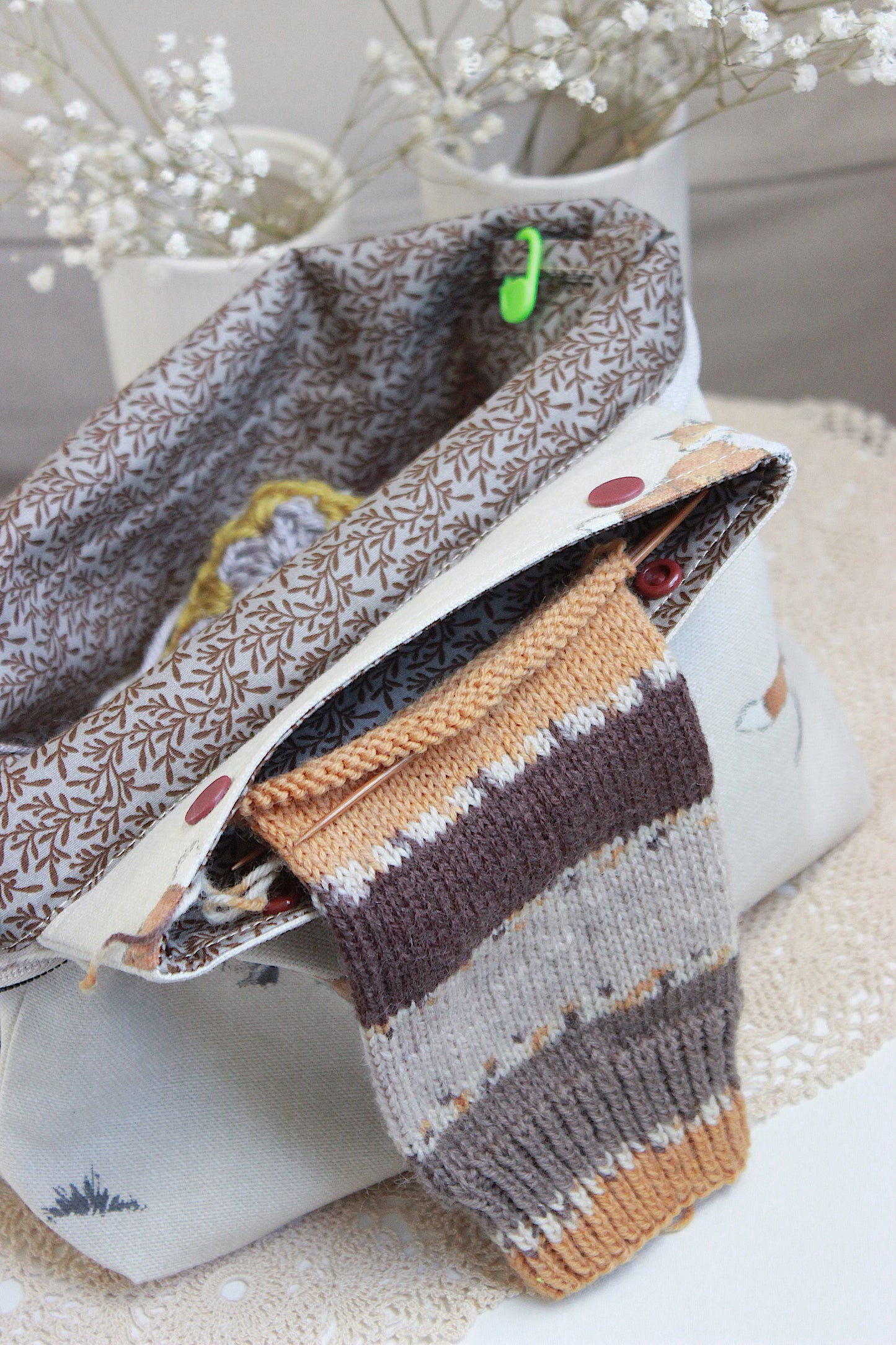 Autumn Fox Design Knitting Project Bag with Built-in DPN Holder
