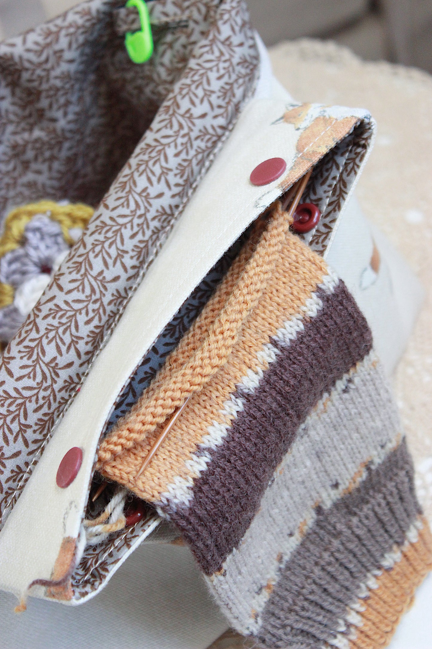 Autumn Fox Design Knitting Project Bag with Built-in DPN Holder