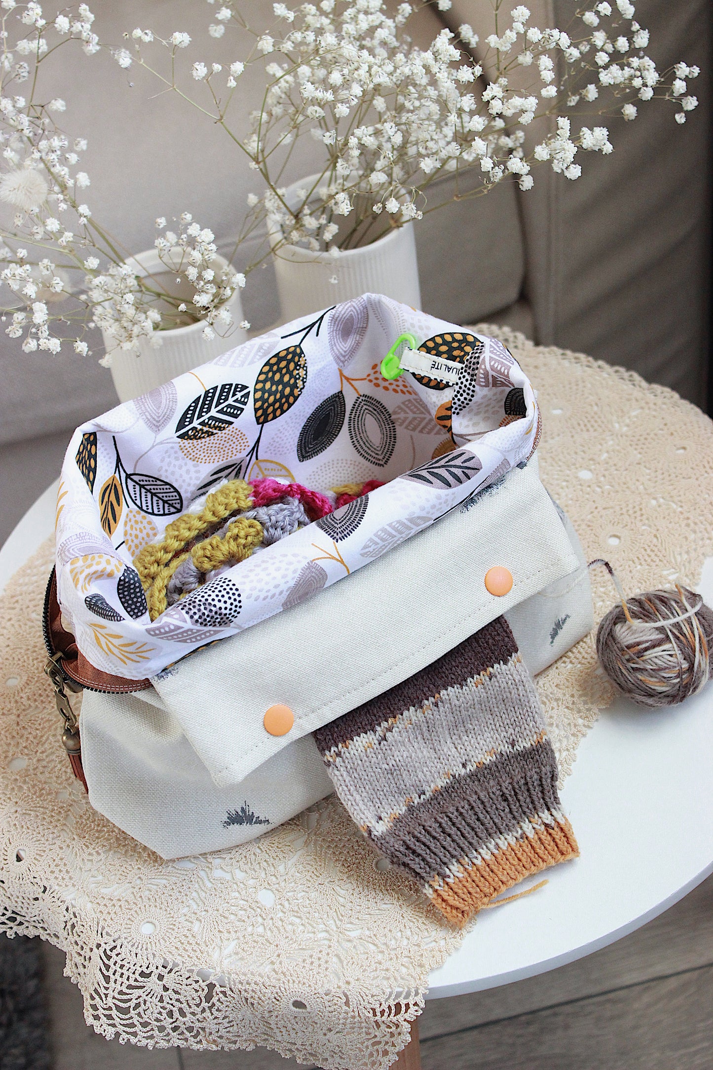 Autumn Fox Design Knitting Project Bag with Built-in DPN Holder
