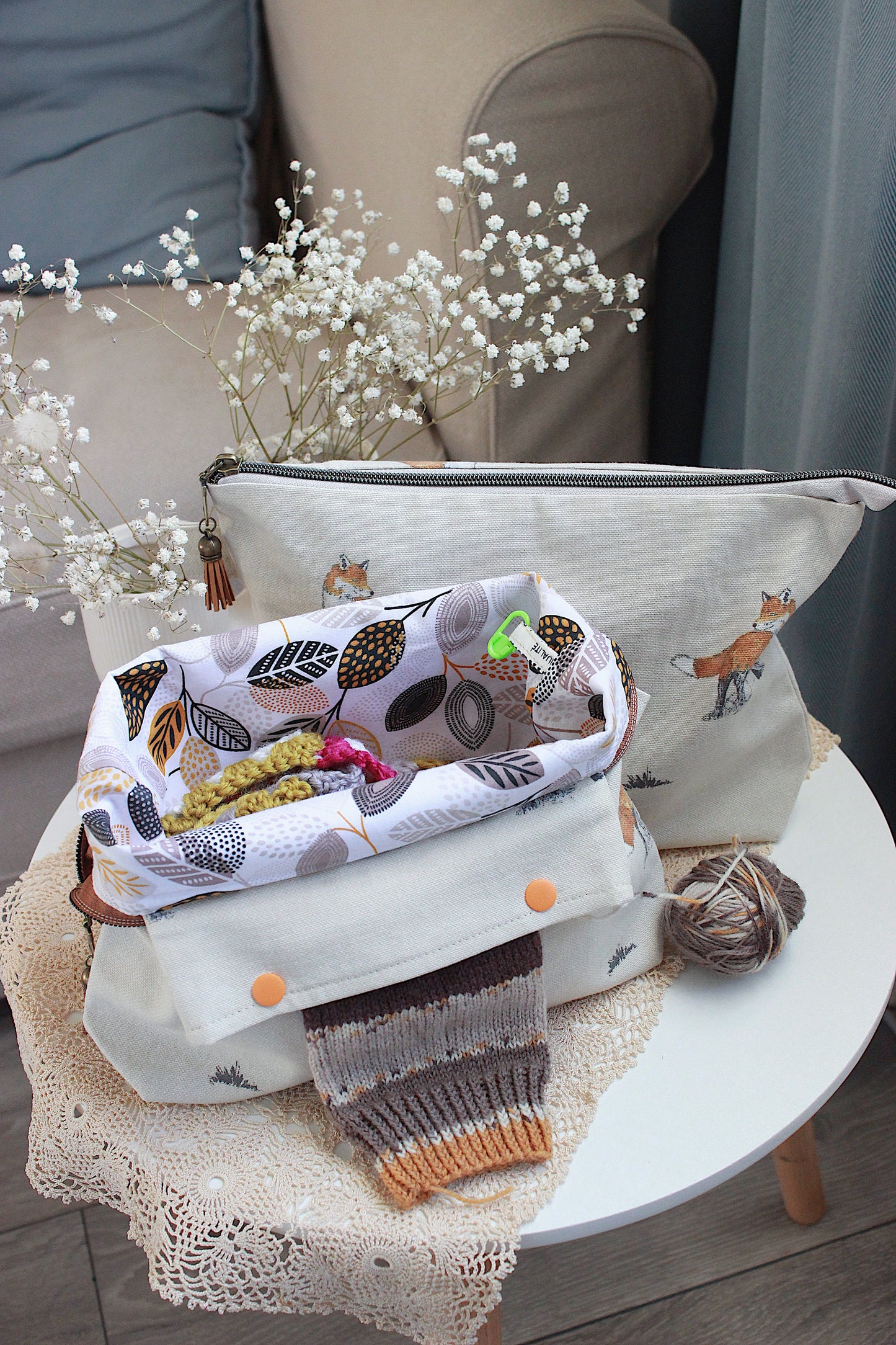 Autumn Fox Design Knitting Project Bag with Built-in DPN Holder
