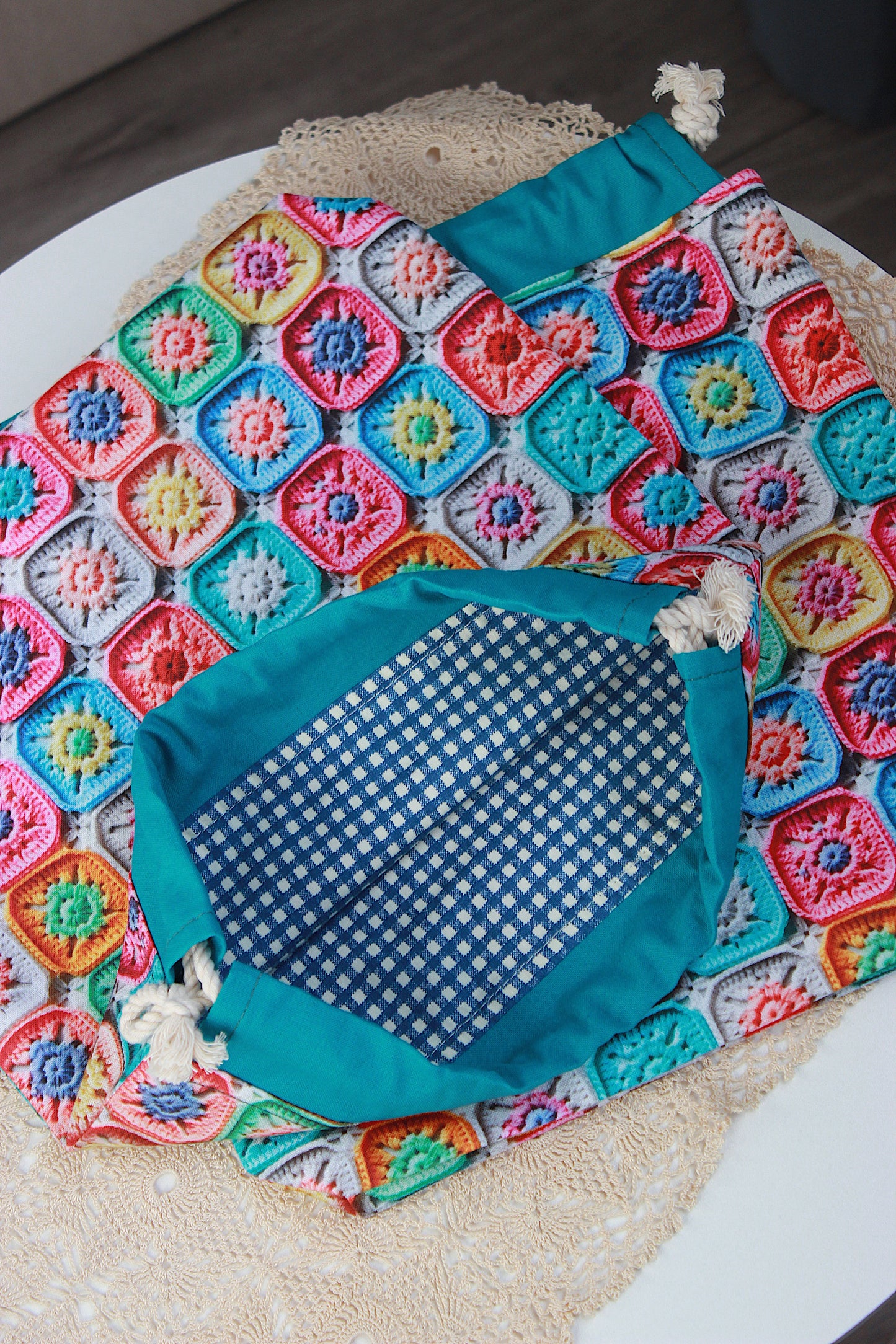 Vibrant 3D Look Granny Squares Drawstring Project Bag