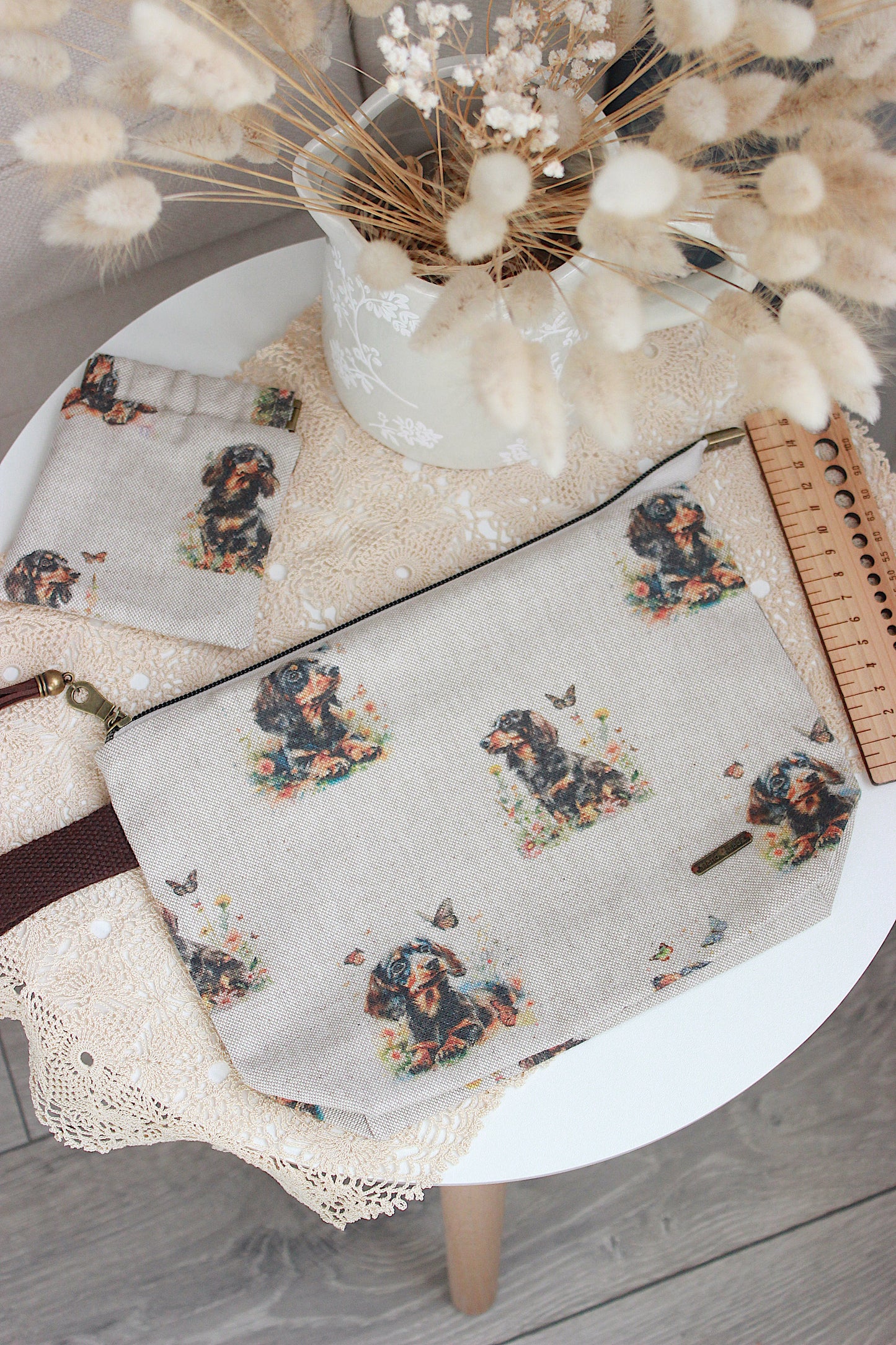 Handmade To Order Knitting Project Bag with Built-in DPN Holder & Matching Squeeze Purse – “Dachshund & Butterfly” Print | Printed Digital Canvas Fabric | Mustard Dot Lining